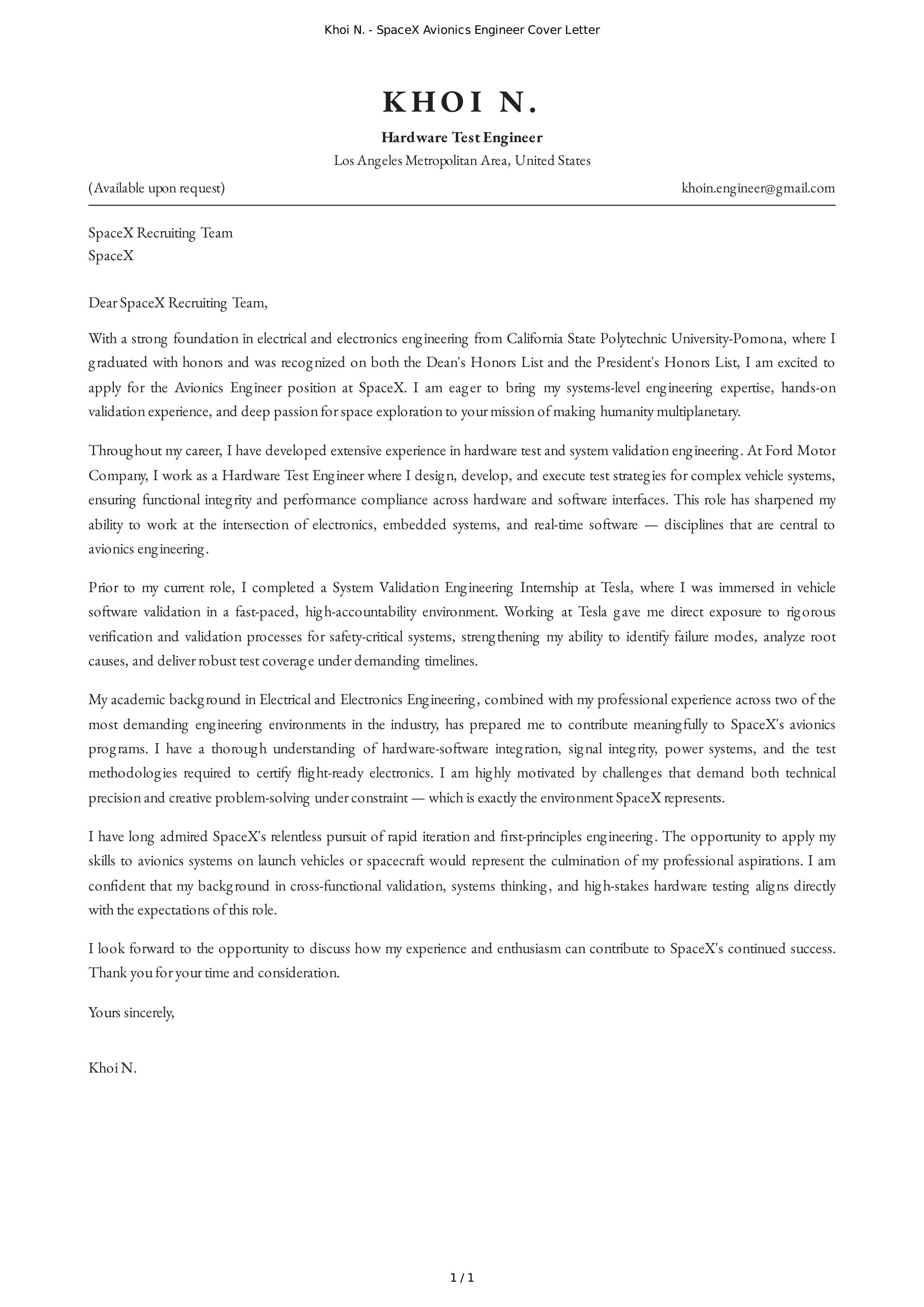 SpaceX Avionics Engineer Cover Letter — page 1