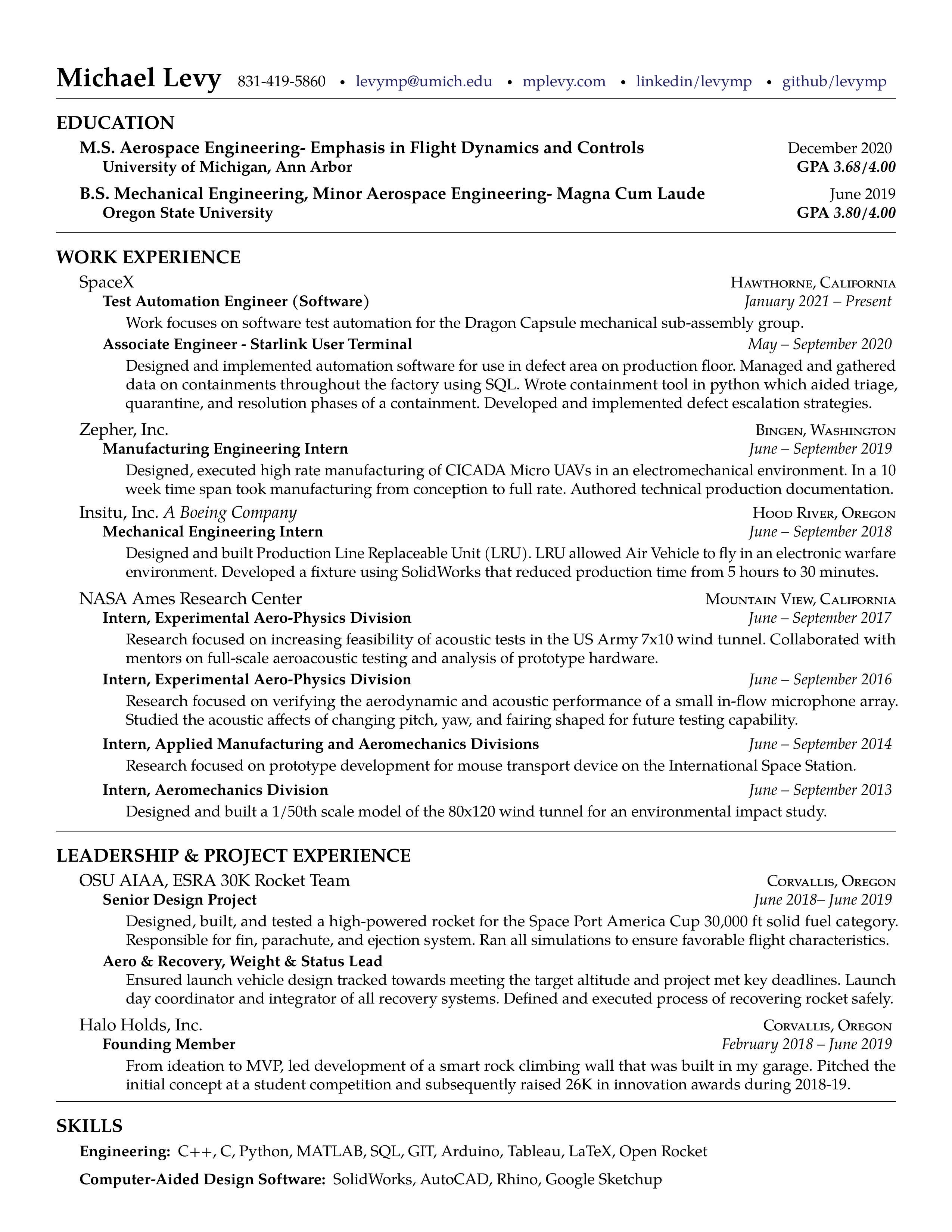 SpaceX Test Automation Engineer Resume — page 1