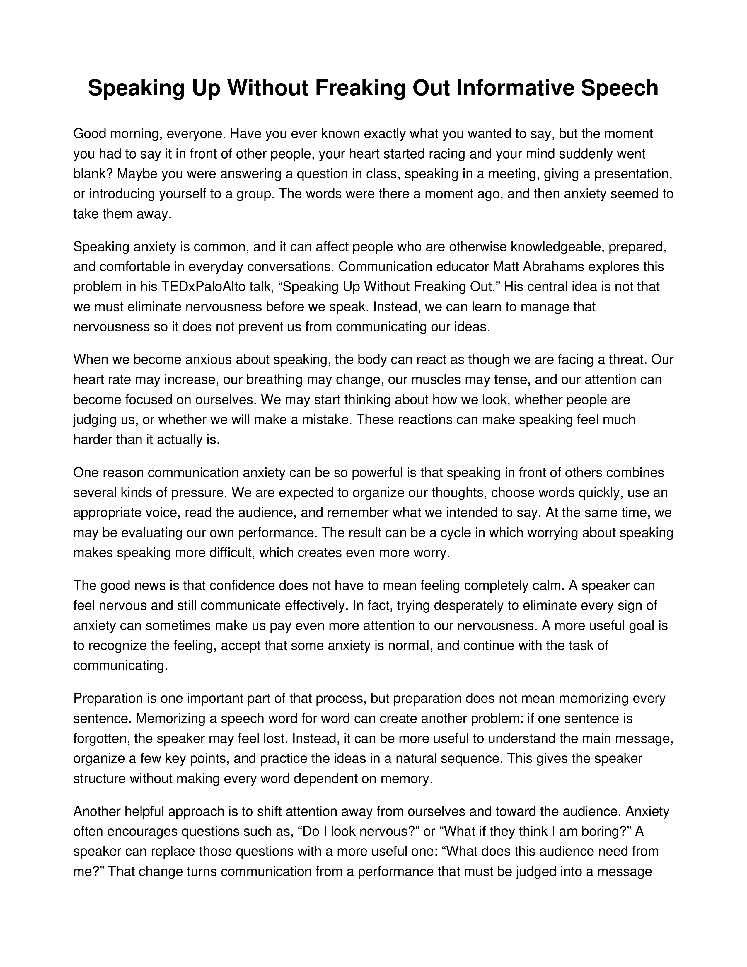 Speaking Up Without Freaking Out Informative Speech — page 1