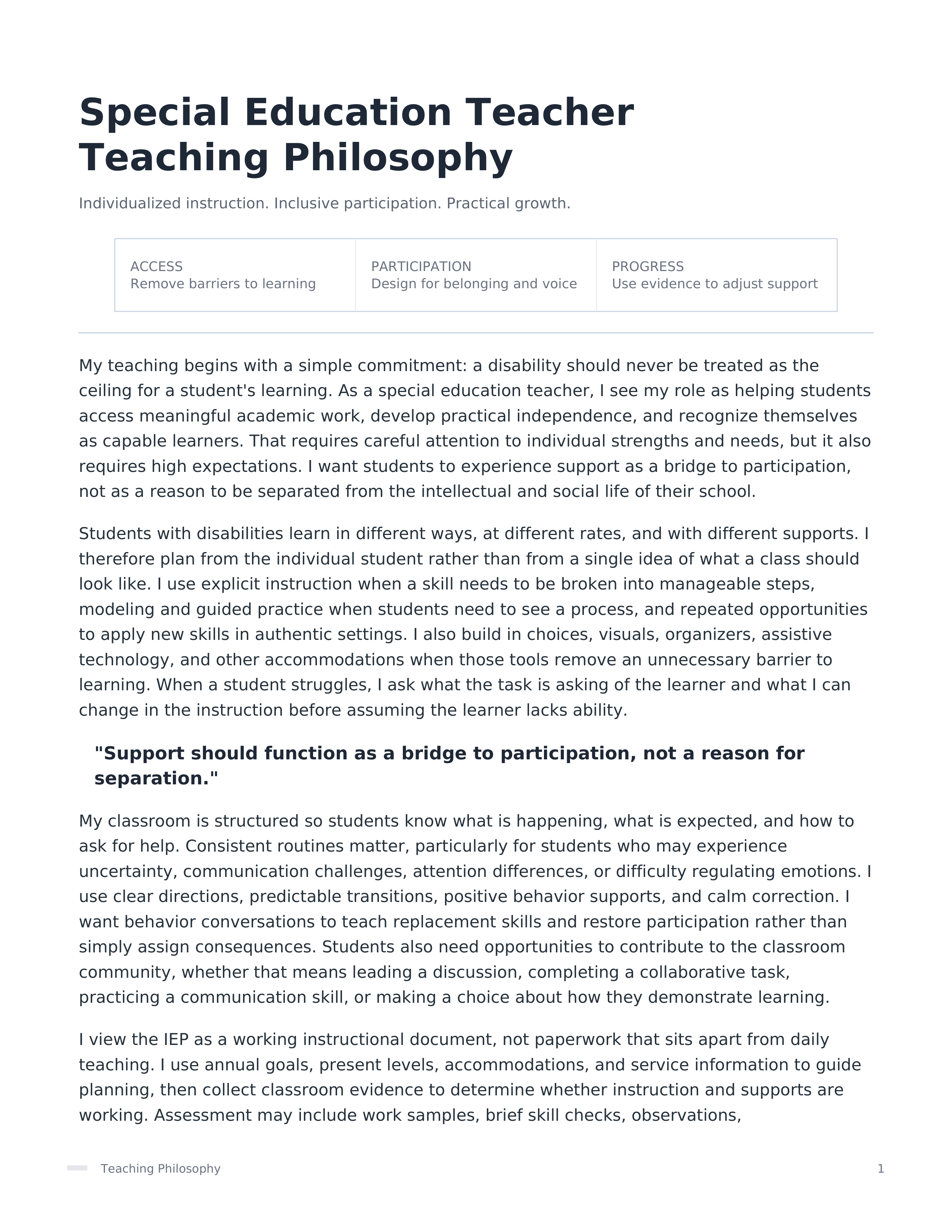 Special Education Teacher Teaching Philosophy — page 1