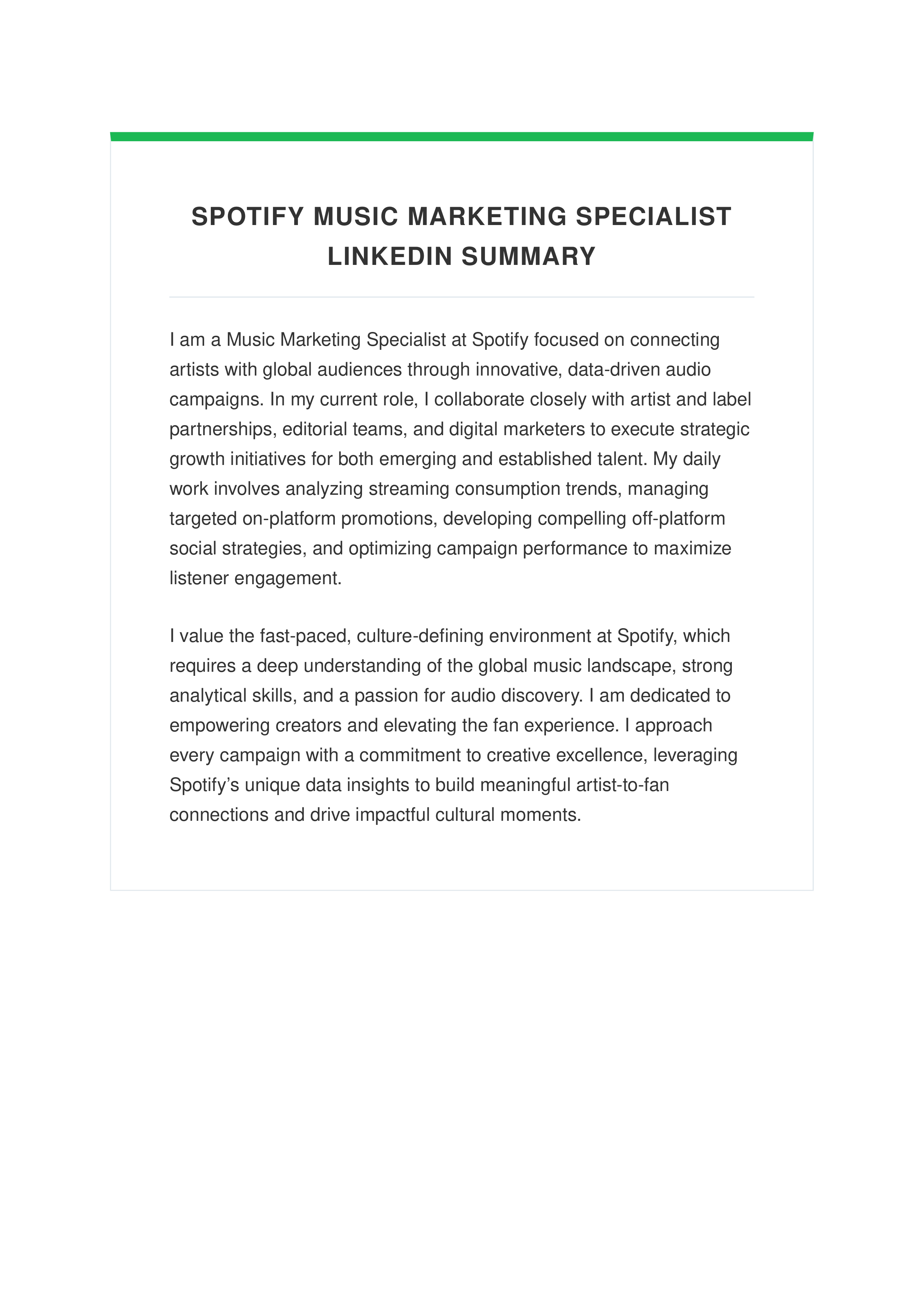 Spotify Music Marketing Specialist LinkedIn Summary — page 1