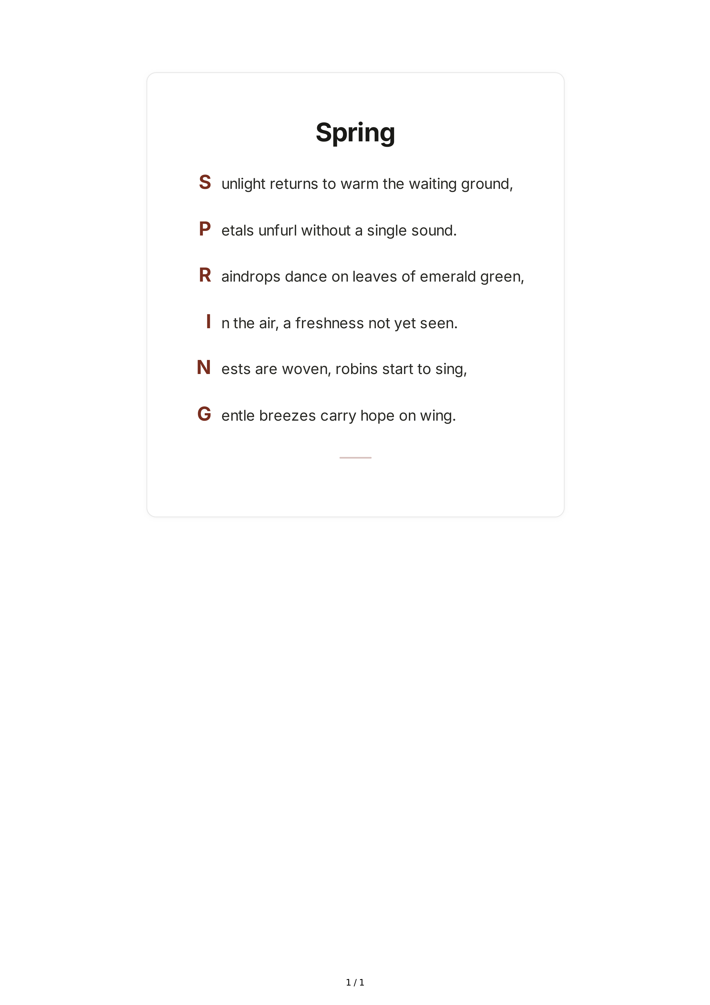 Spring Acrostic Poem — page 1