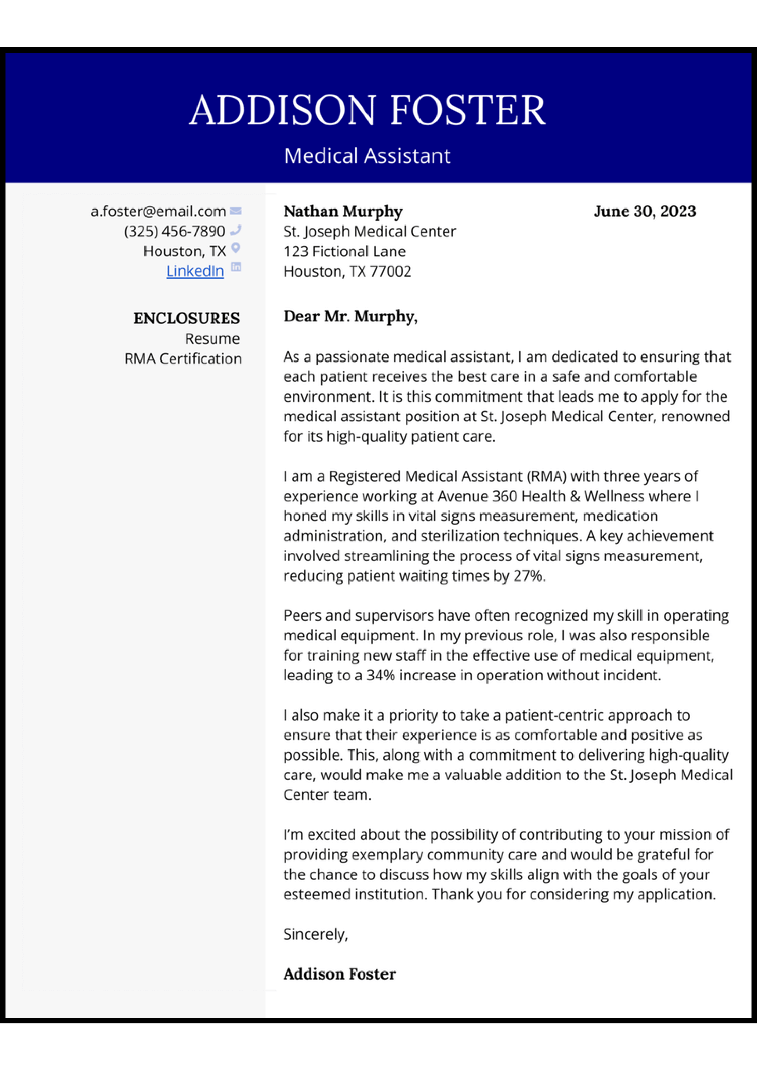 St. Joseph Medical Center Medical Assistant Cover Letter — page 1