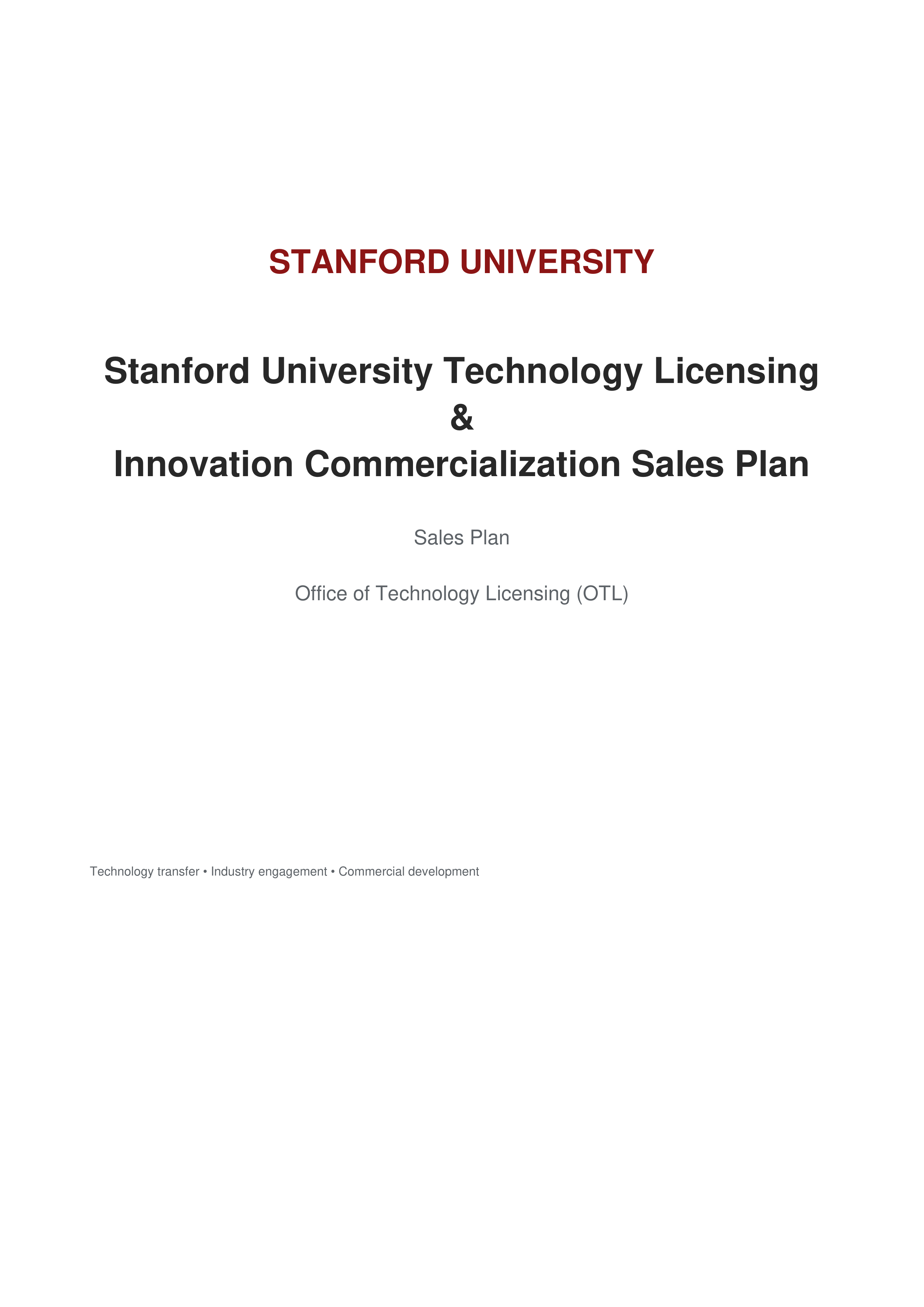 Stanford University Technology Licensing & Innovation Commercialization Sales Plan — page 1