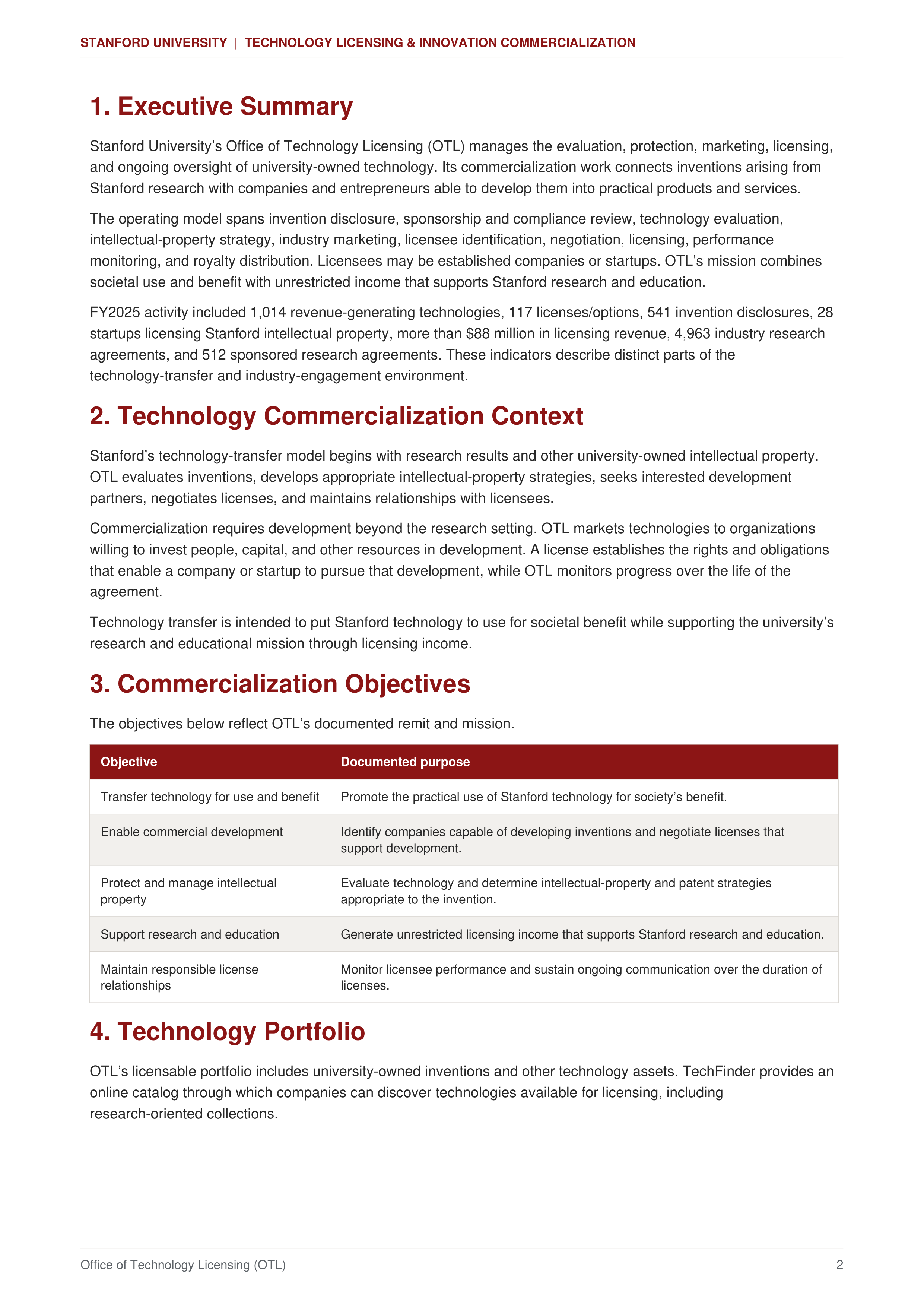 Stanford University Technology Licensing & Innovation Commercialization Sales Plan — page 2