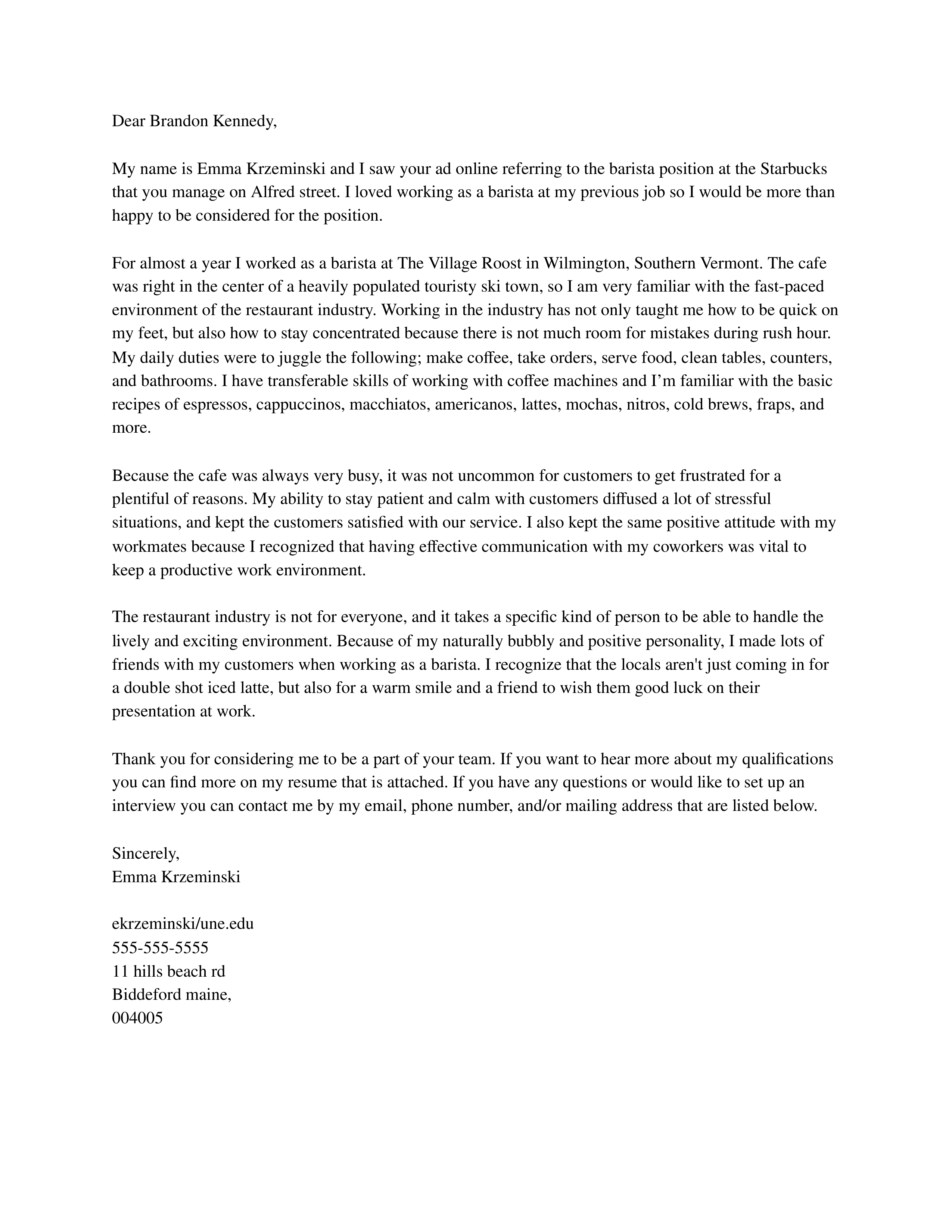 Starbucks Barista Cover Letter — page 1