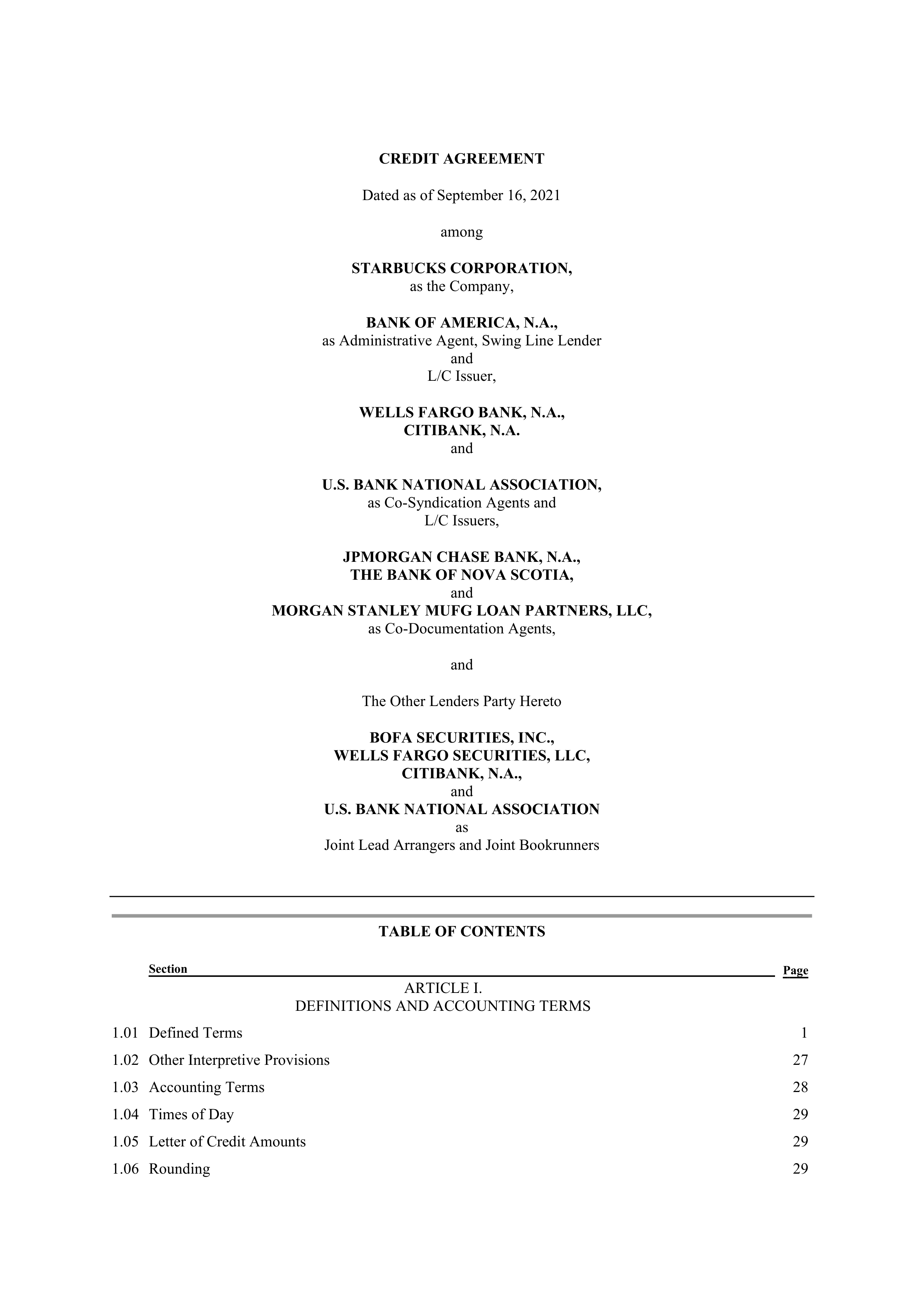 Starbucks Credit Agreement — page 1