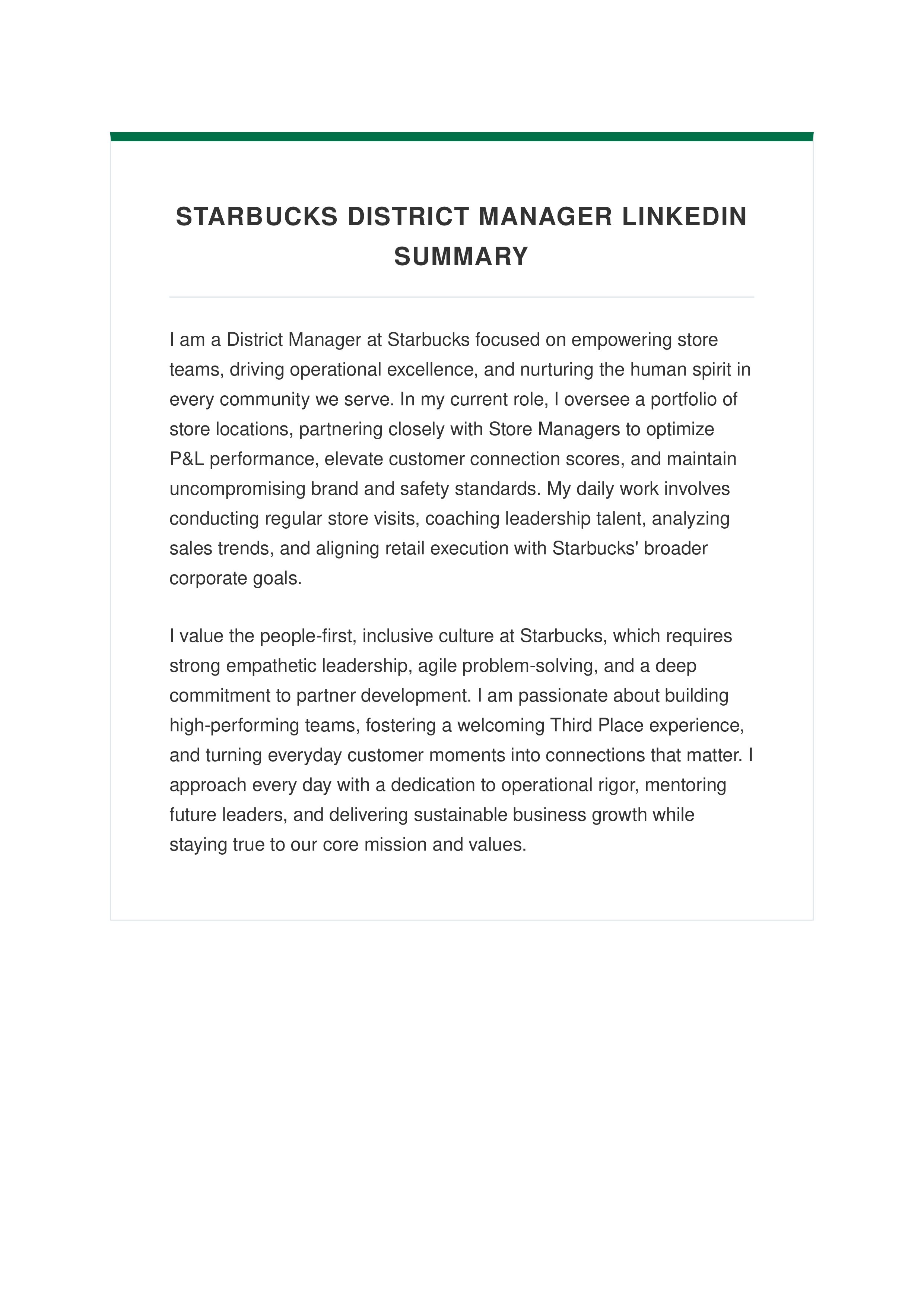 Starbucks District Manager LinkedIn Summary — page 1