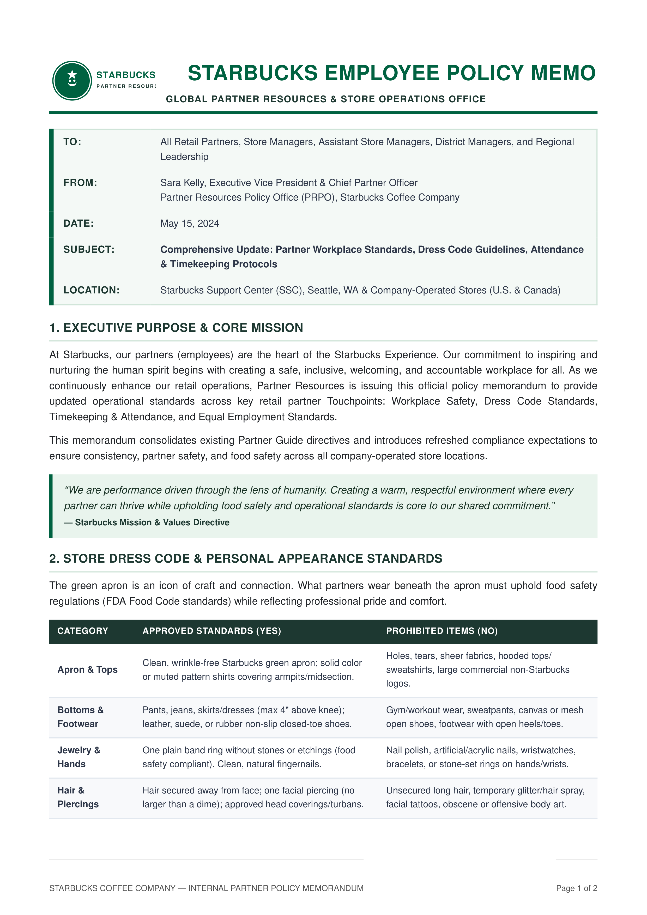 Starbucks Employee Policy Memo — page 1