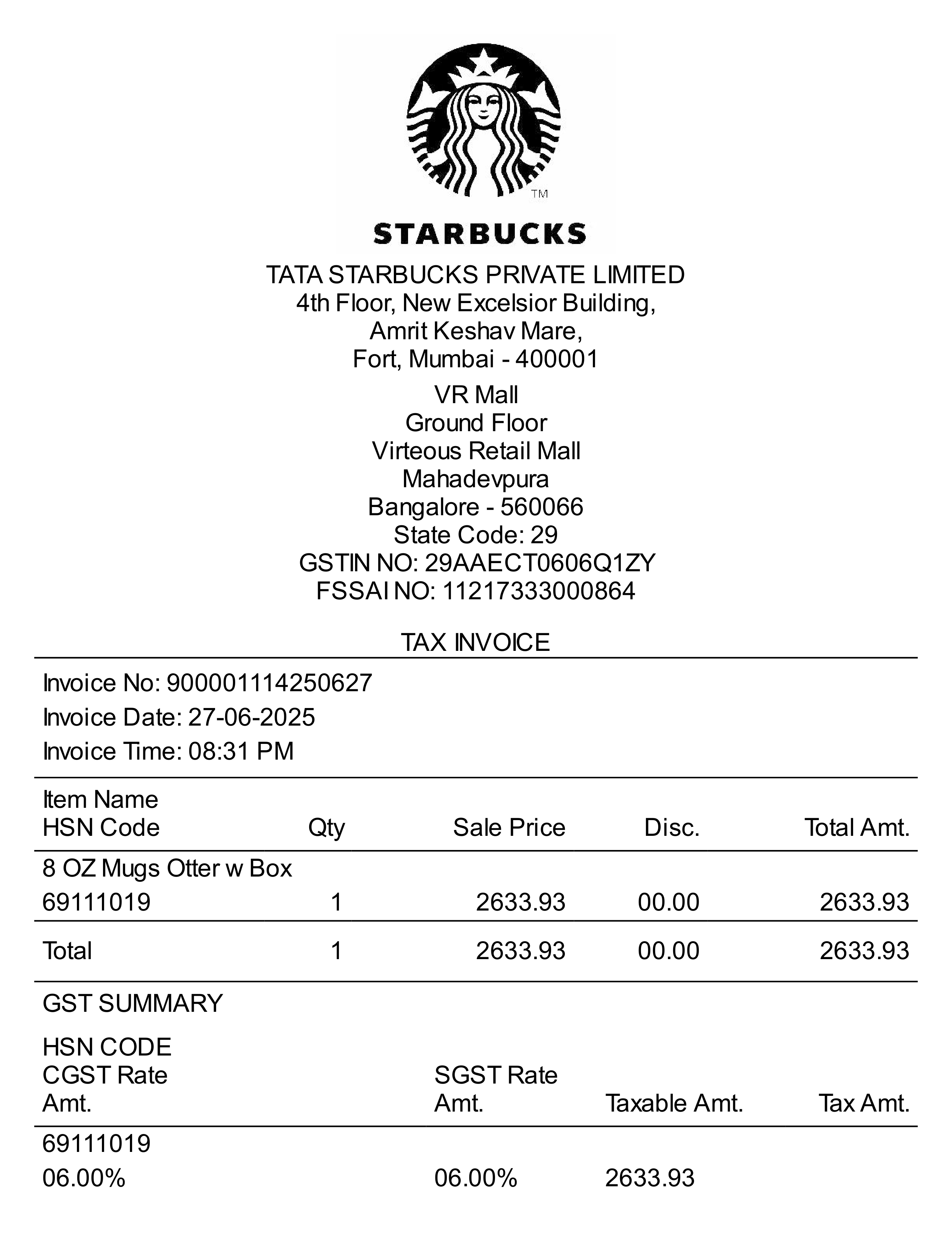 Starbucks Merchandise Tax Invoice — page 1