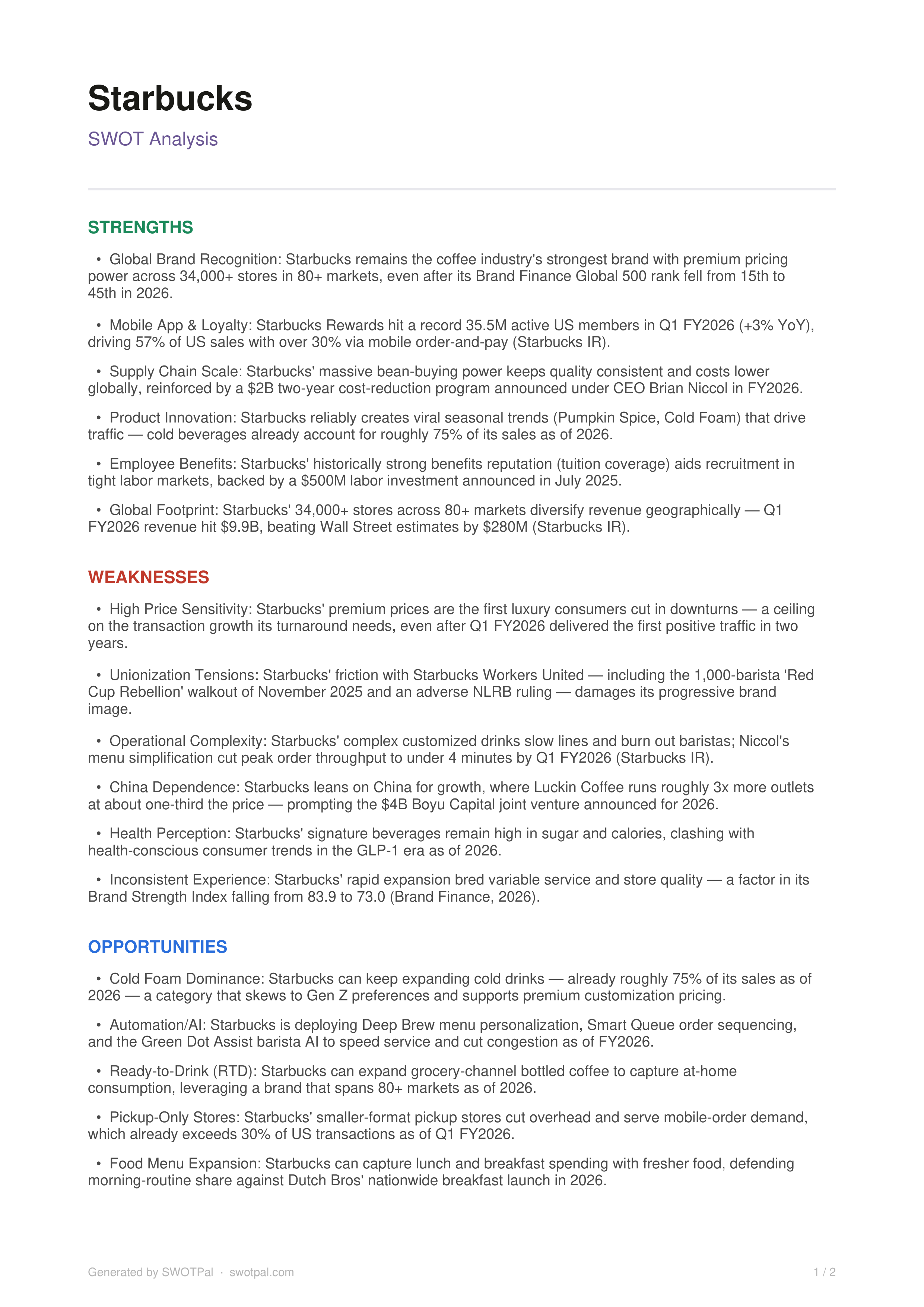 Starbucks Swot Analysis  — page 1