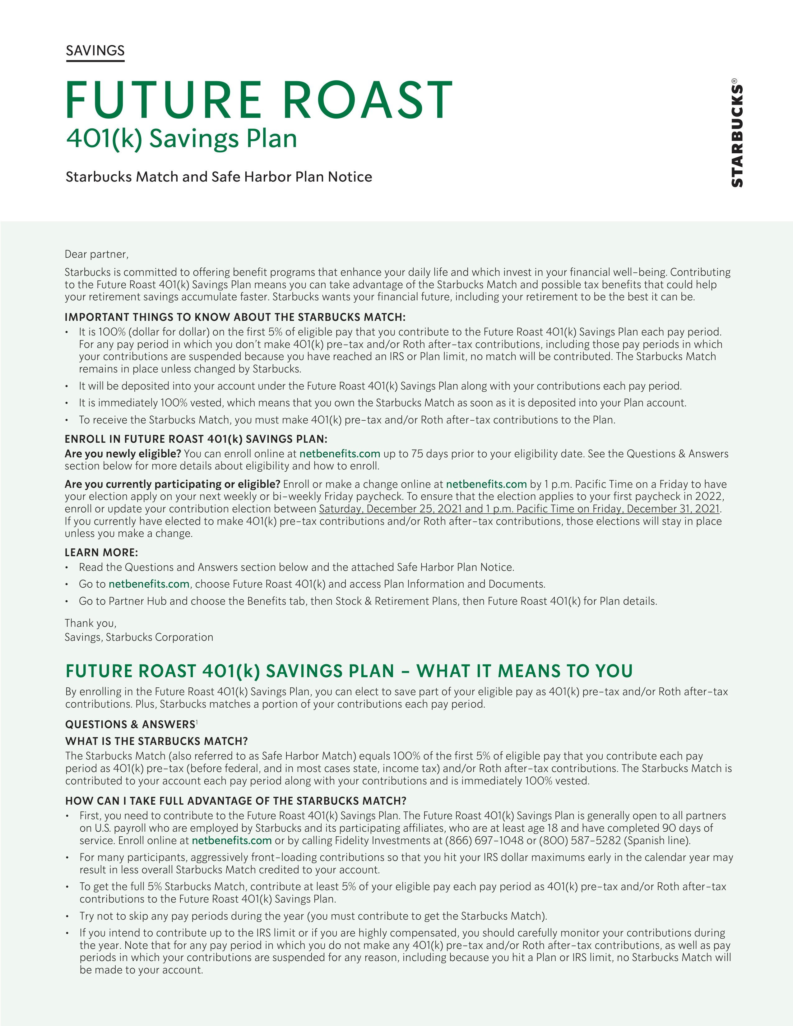 Starbucks Safe Harbor Plan Notice — page 1