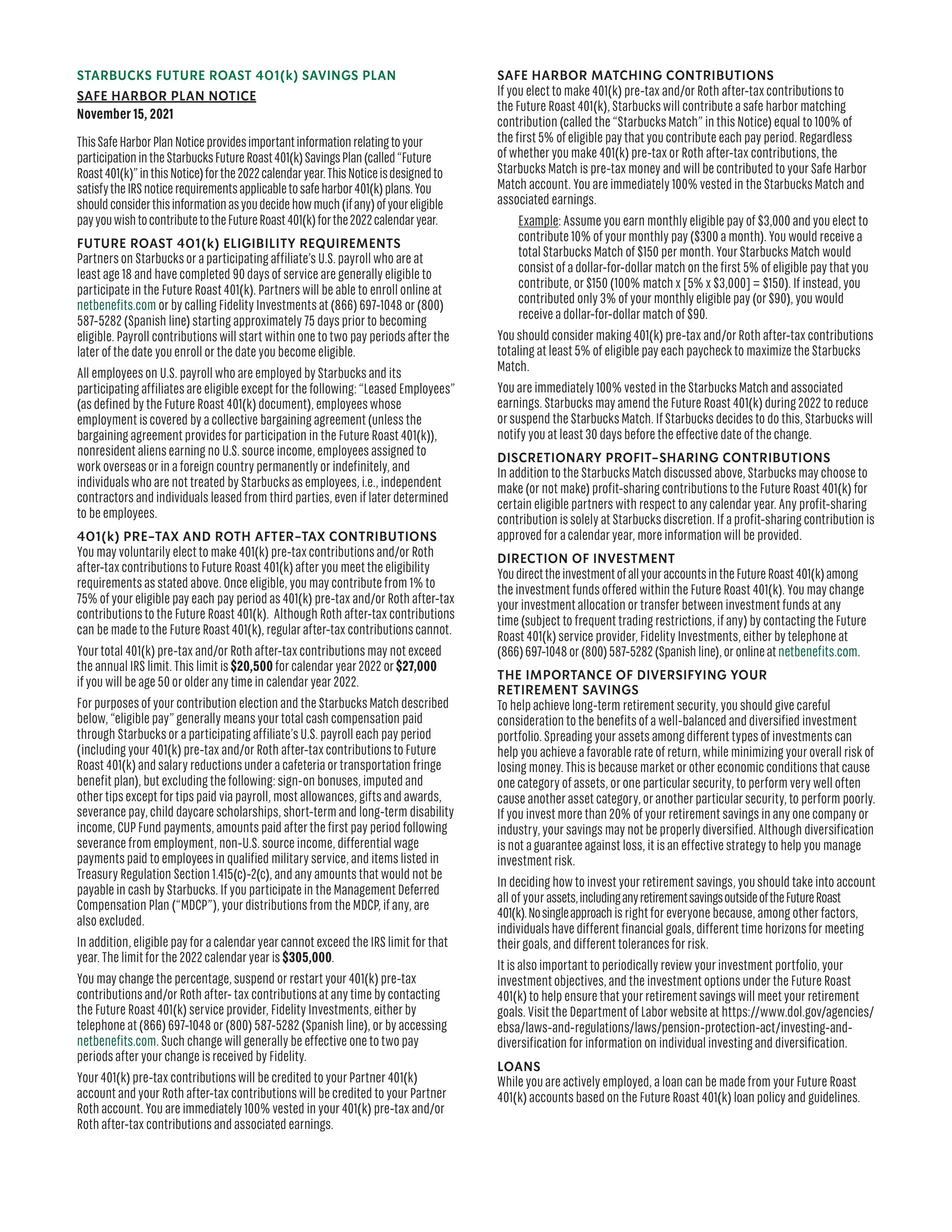 Starbucks Safe Harbor Plan Notice — page 3