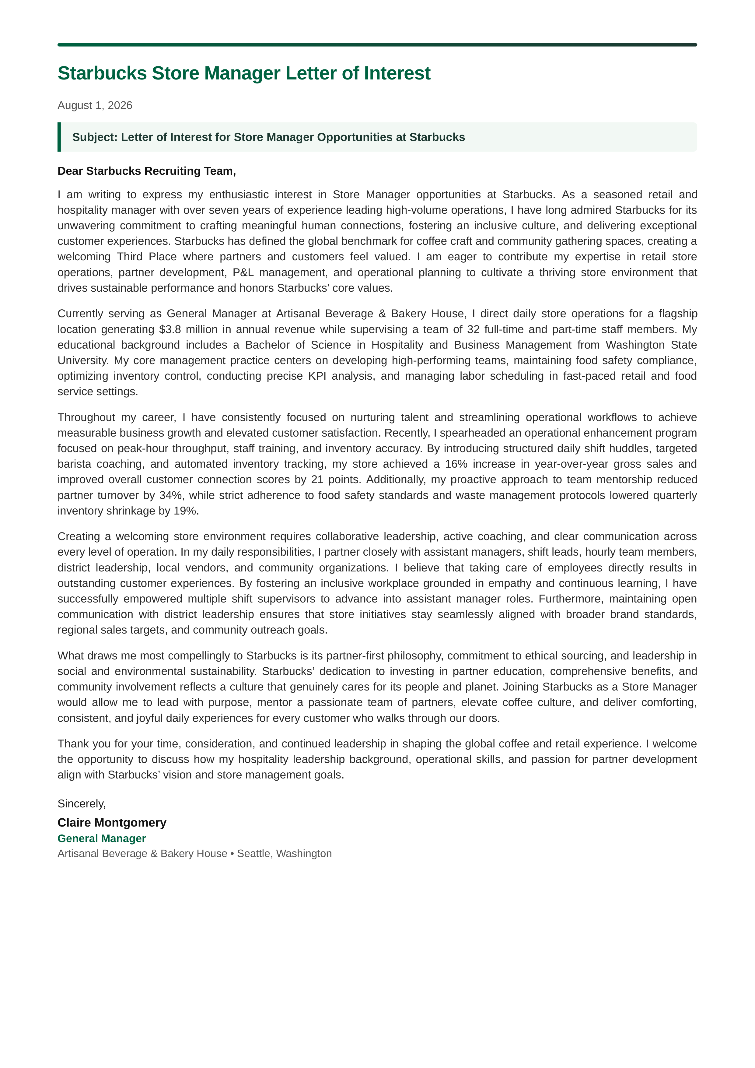Starbucks Store Manager Letter of Interest — page 1