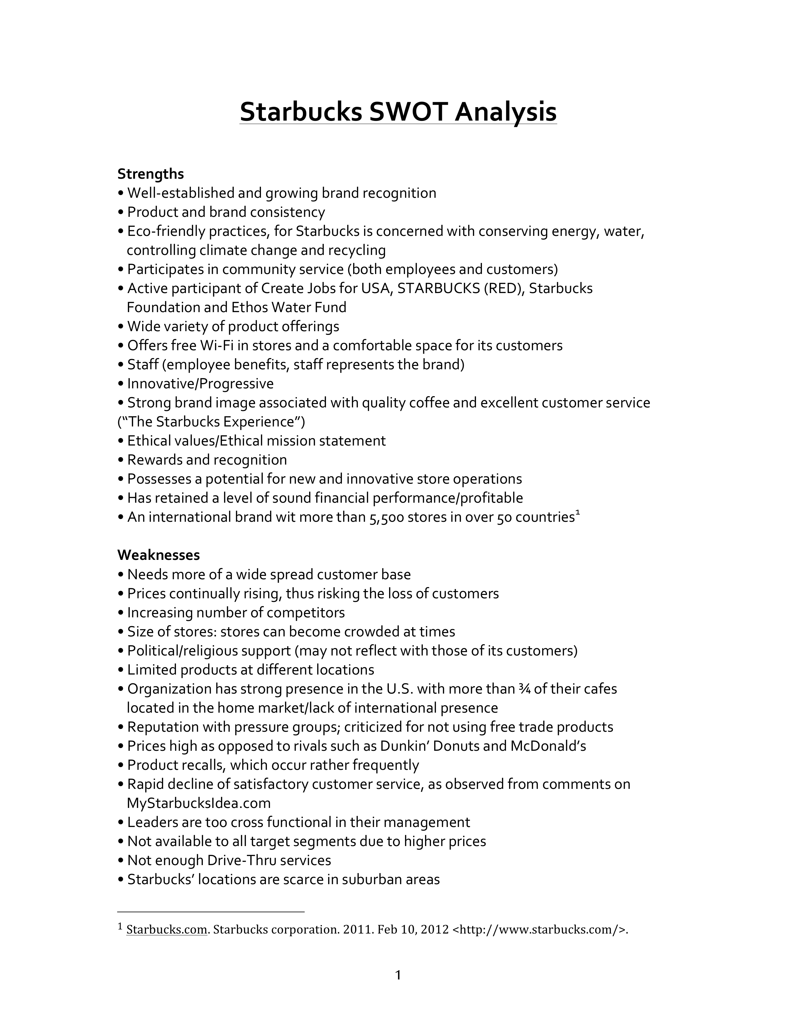 Starbucks SWOT Analysis  — page 1
