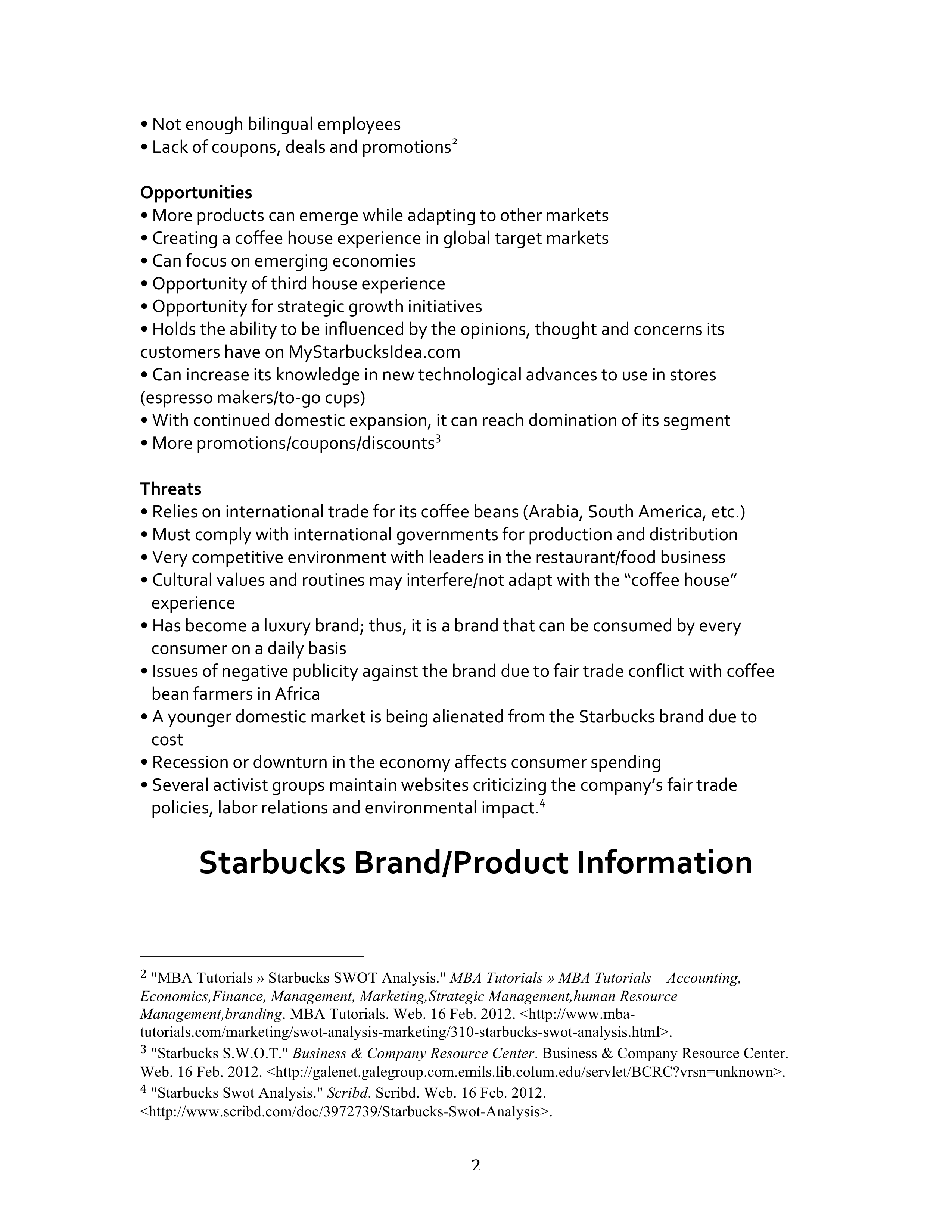 Starbucks SWOT Analysis  — page 2