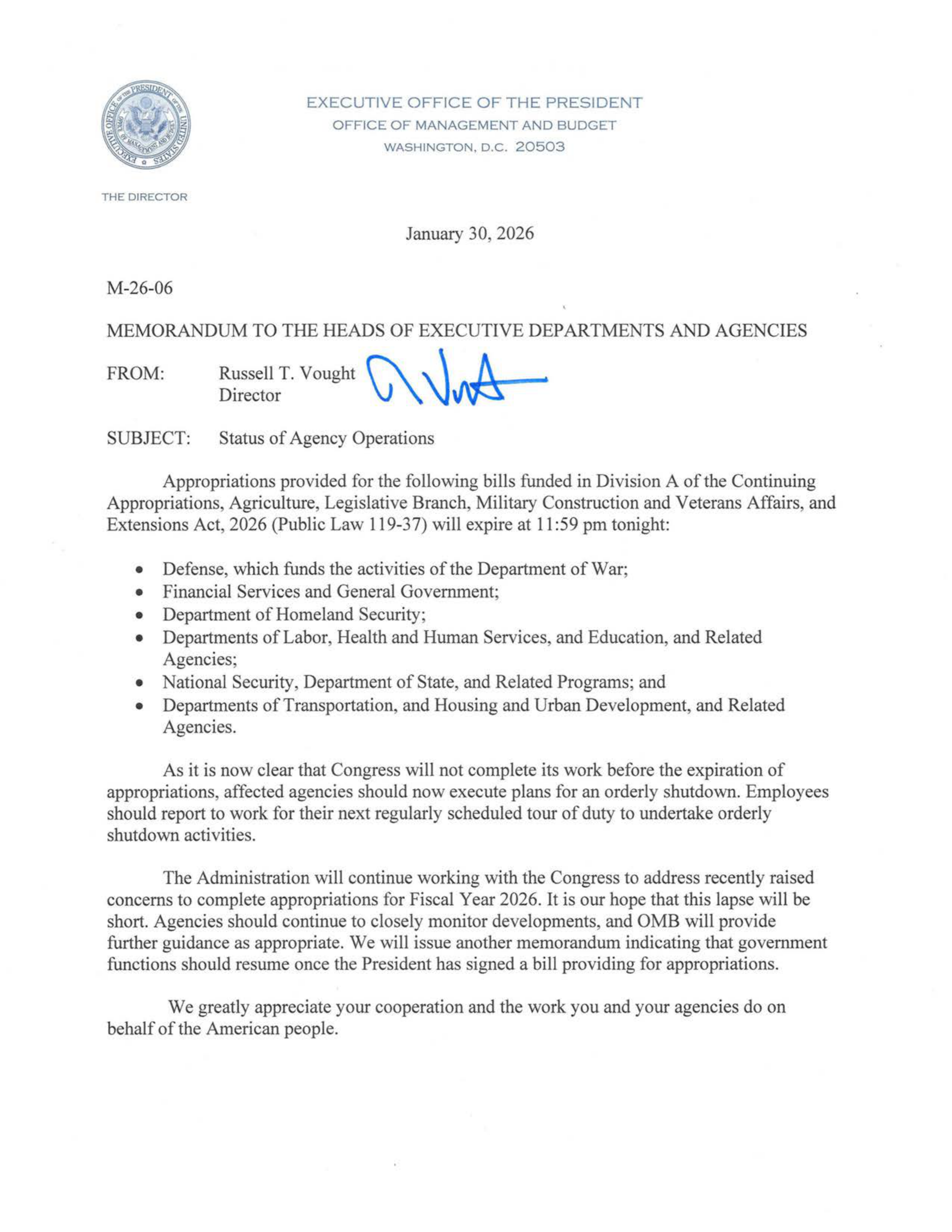 Status of Agency Operations Memo — page 1