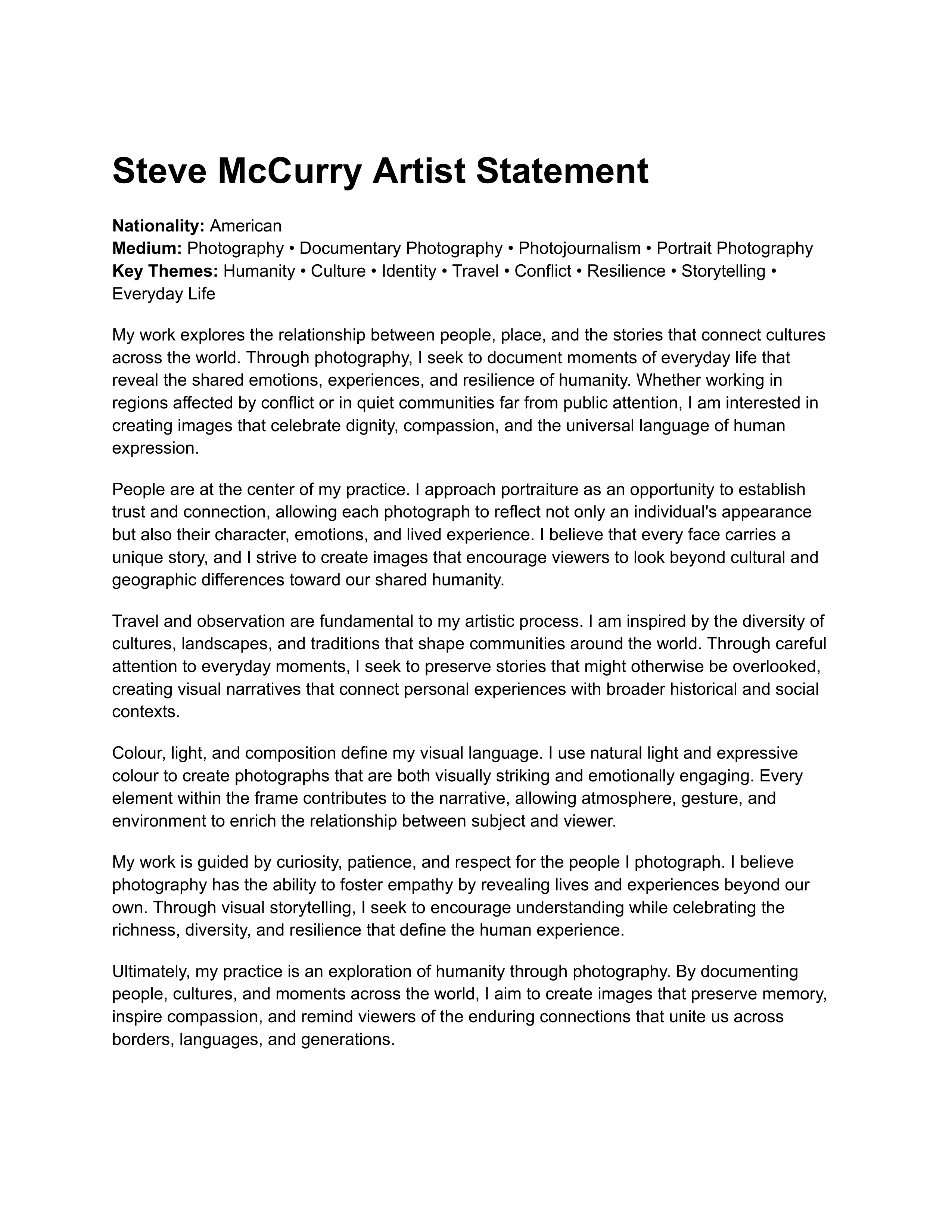 Steve McCurry Artist Statement — page 1