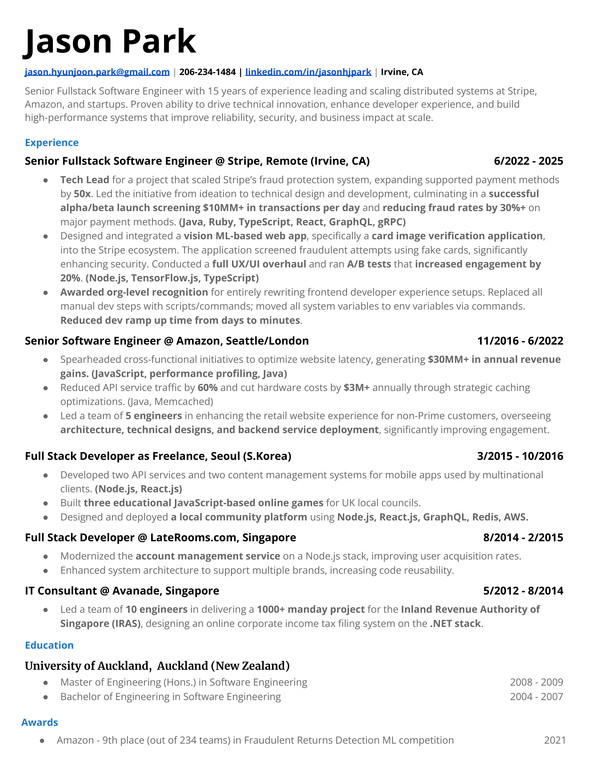 Stripe Full-Stack Developer Resume — page 1