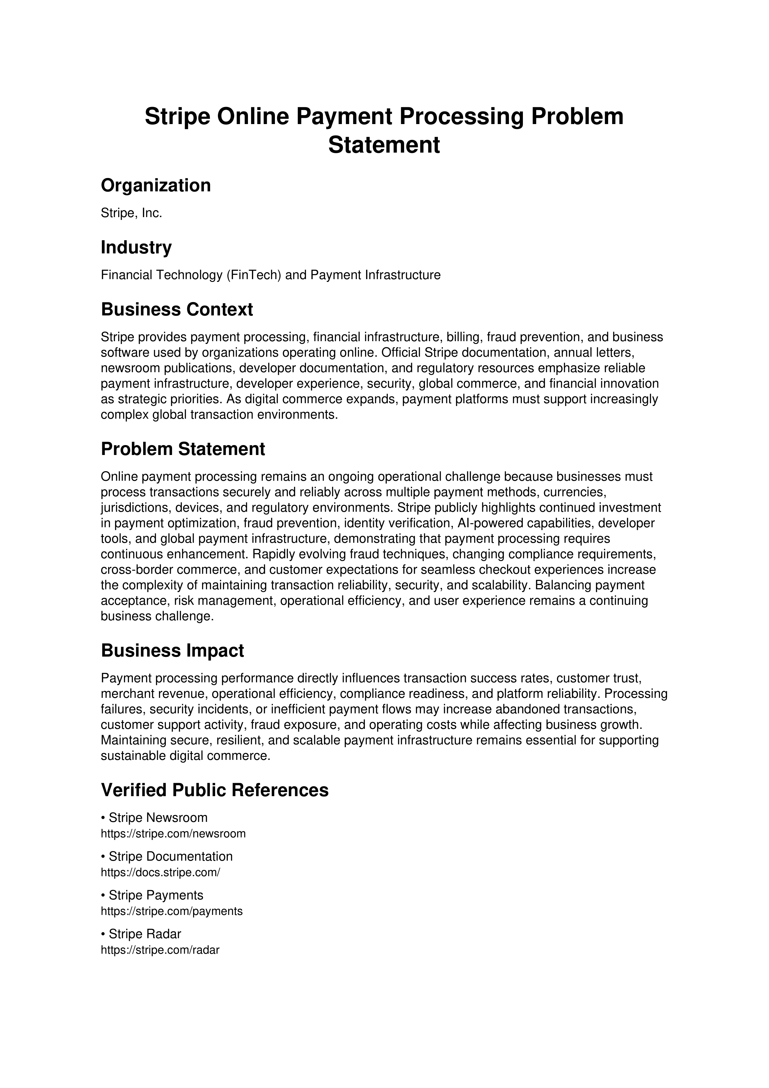 Stripe Online Payment Processing Problem Statement — page 1