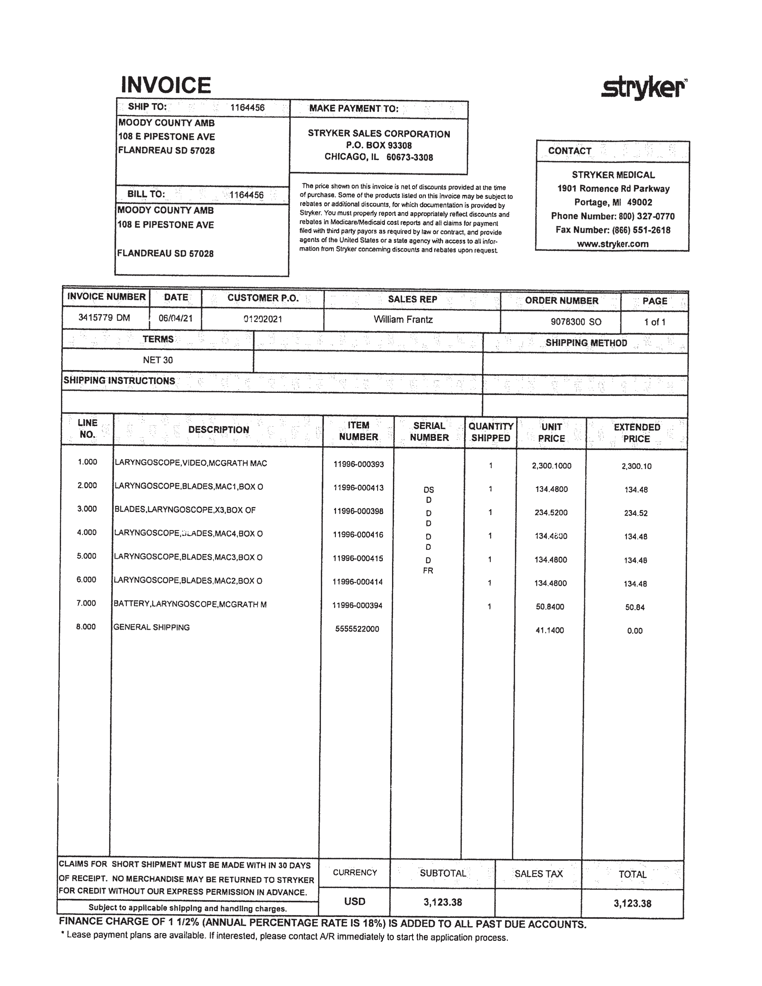 Stryker Medical Invoice — page 2