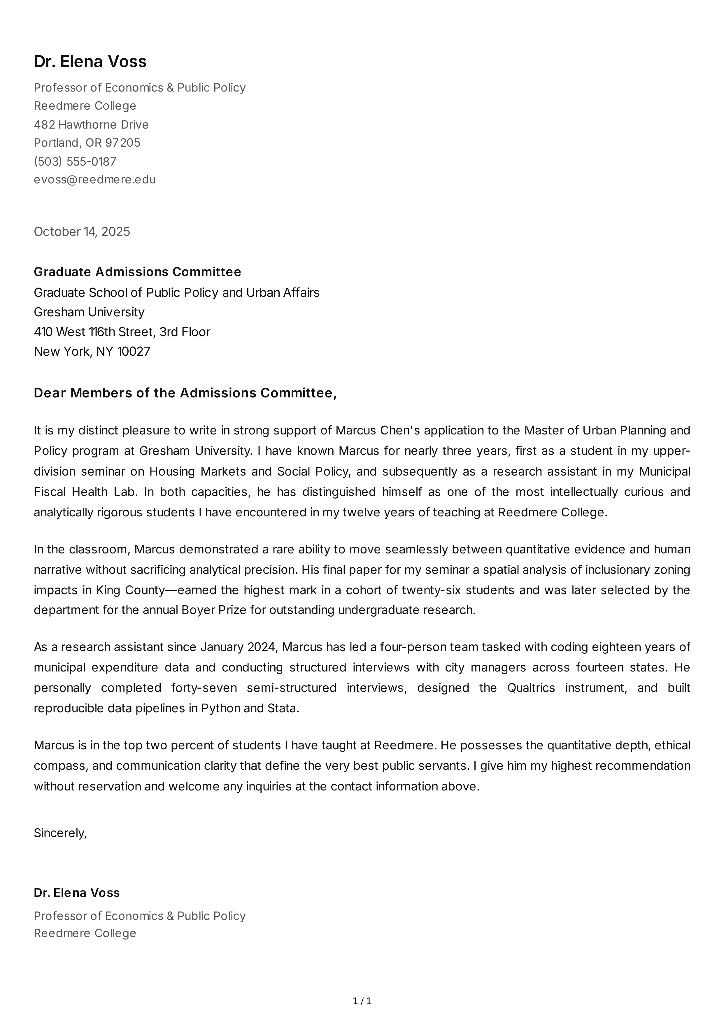 Student Reference Letter — page 1