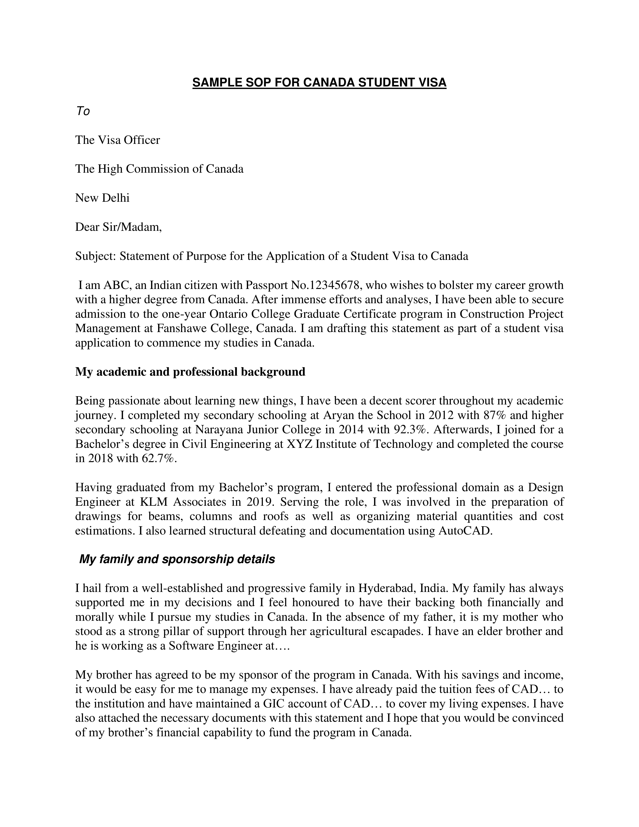 Student Visa Statement of Purpose — page 1