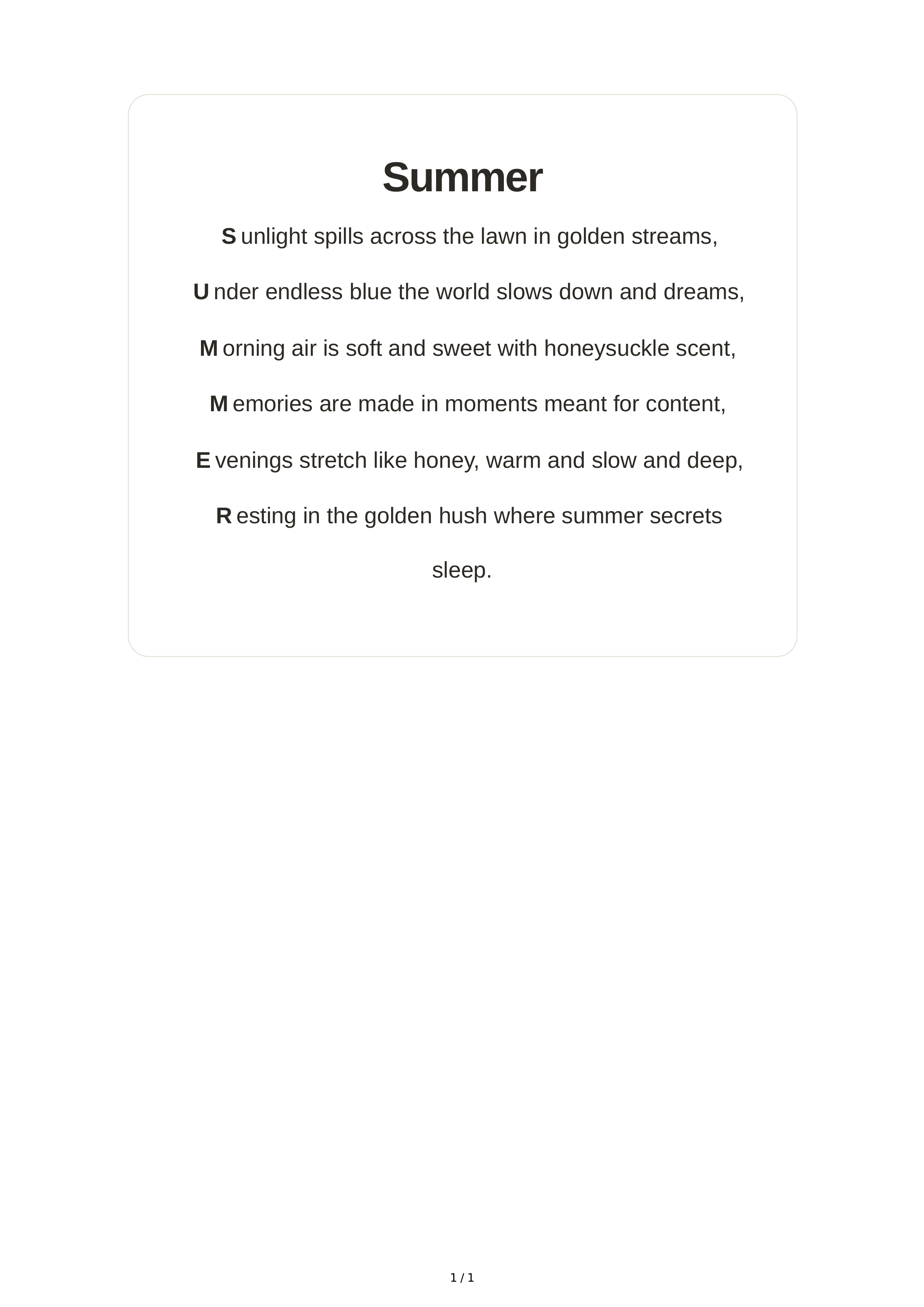 Summer Acrostic Poem — page 1