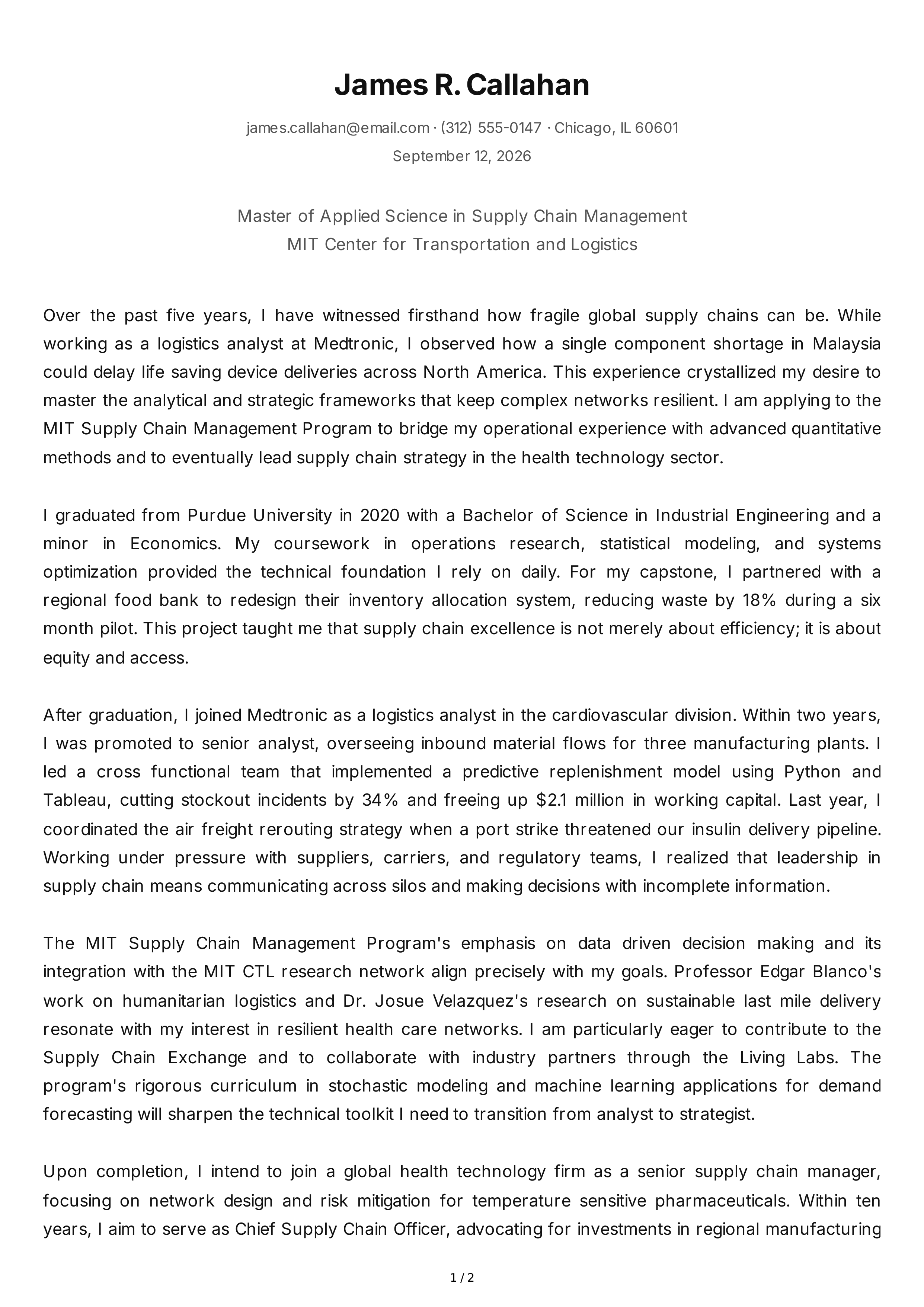 Supply Chain Management Personal Statement — page 1
