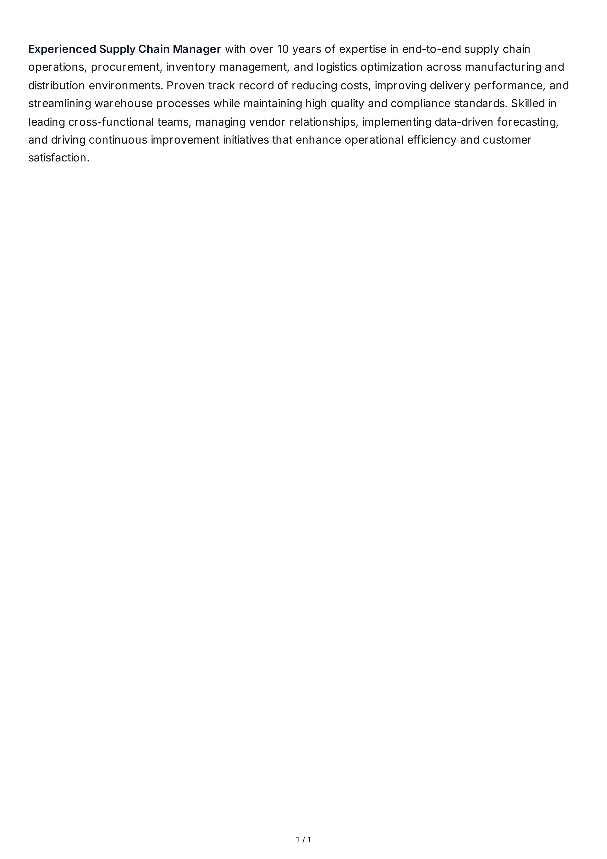 Supply Chain Manager Resume Summary — page 1