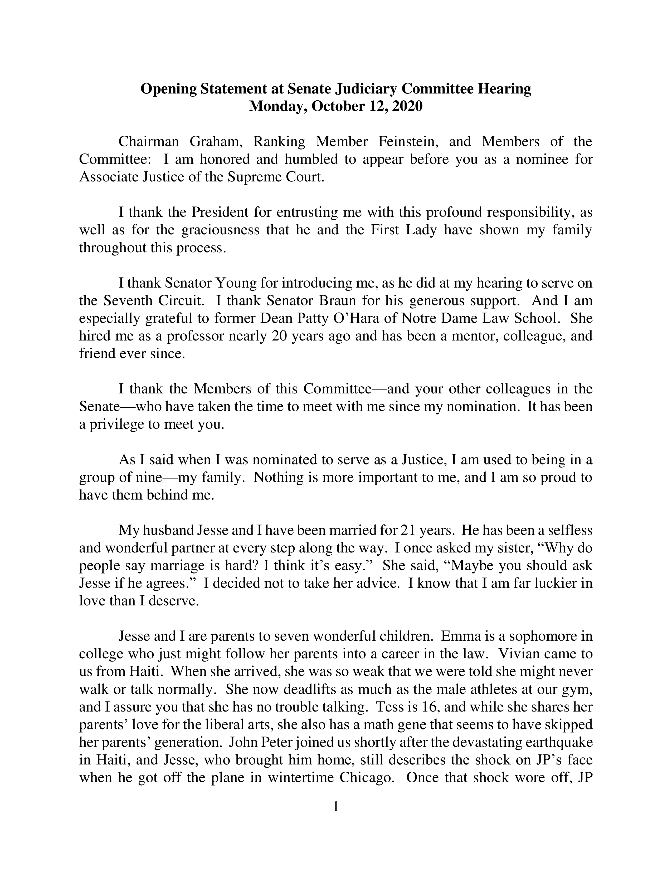 Supreme Court Confirmation Hearing Opening Statement — page 1