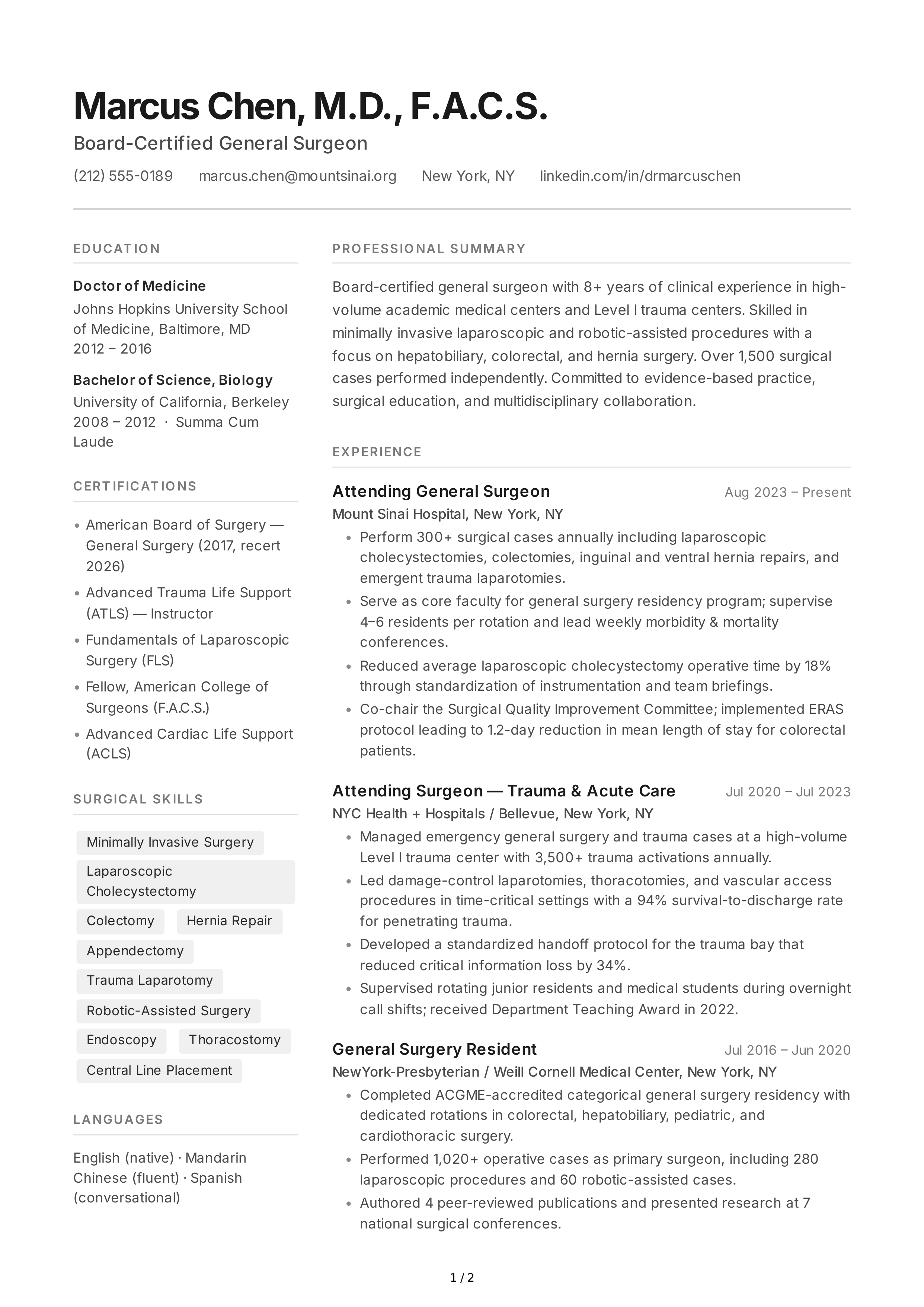 Surgeon CV — page 1