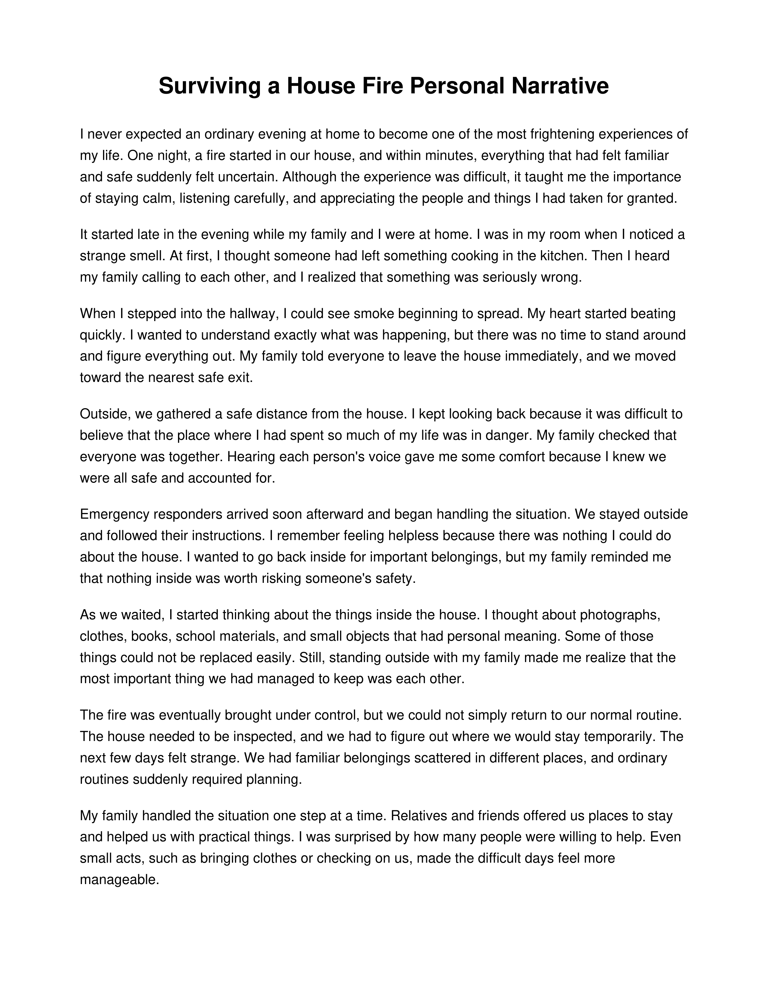 Surviving a House Fire Personal Narrative — page 1