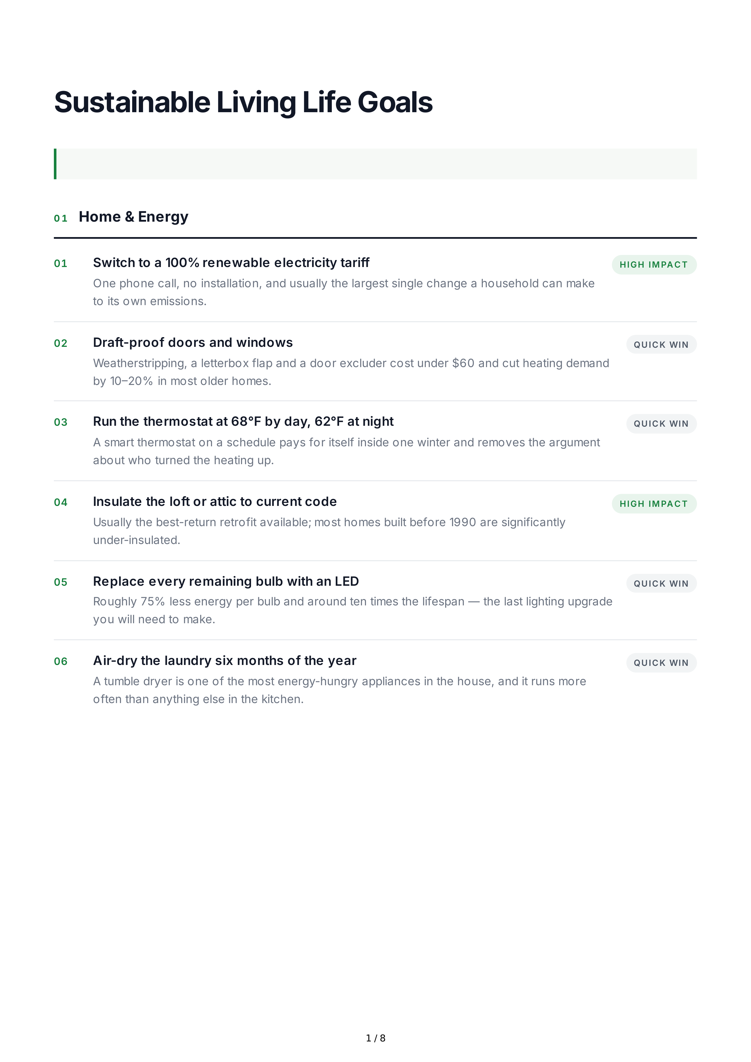 Sustainable Living Life Goals — page 1