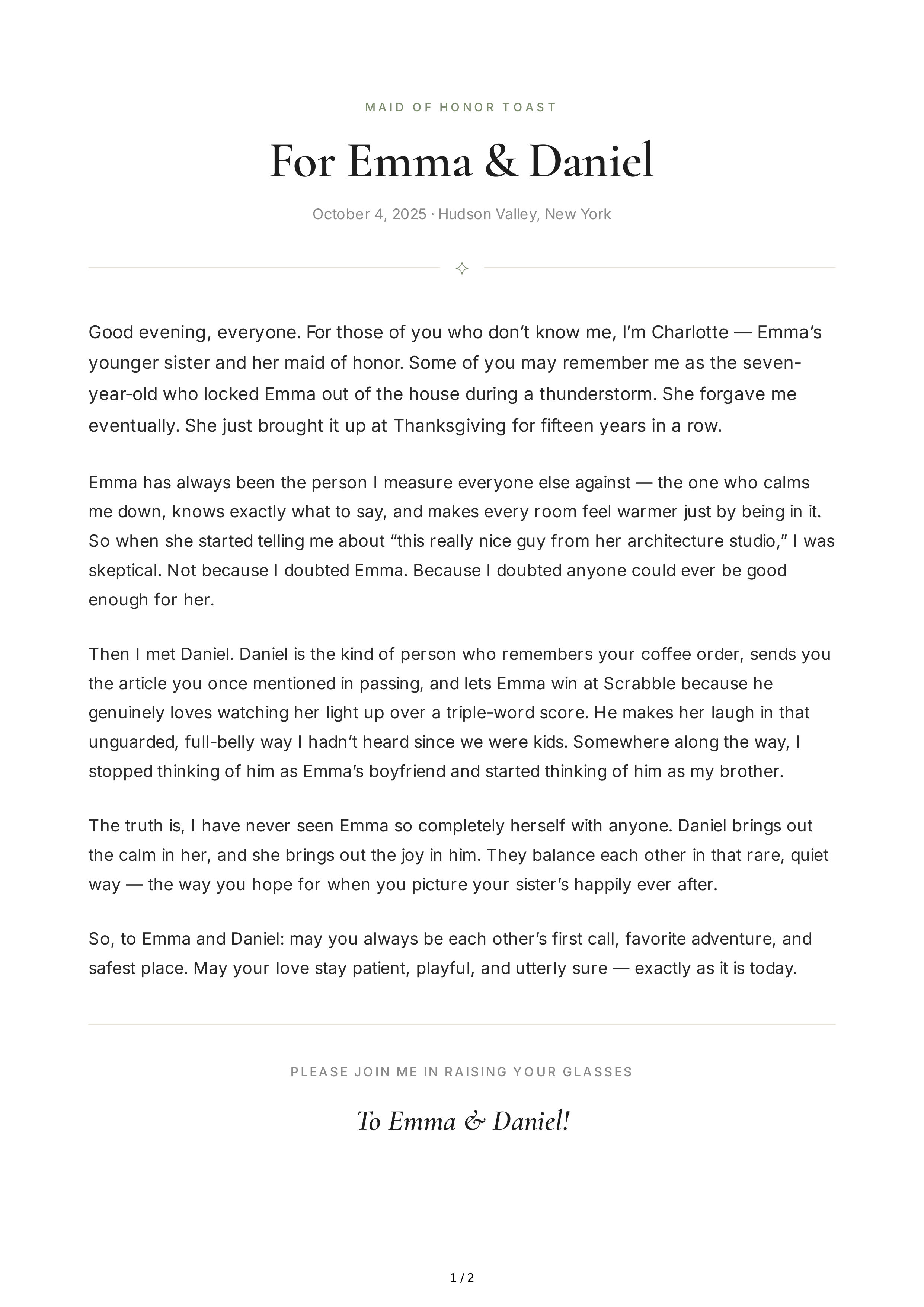 Sweet Maid of Honor Speech — page 1