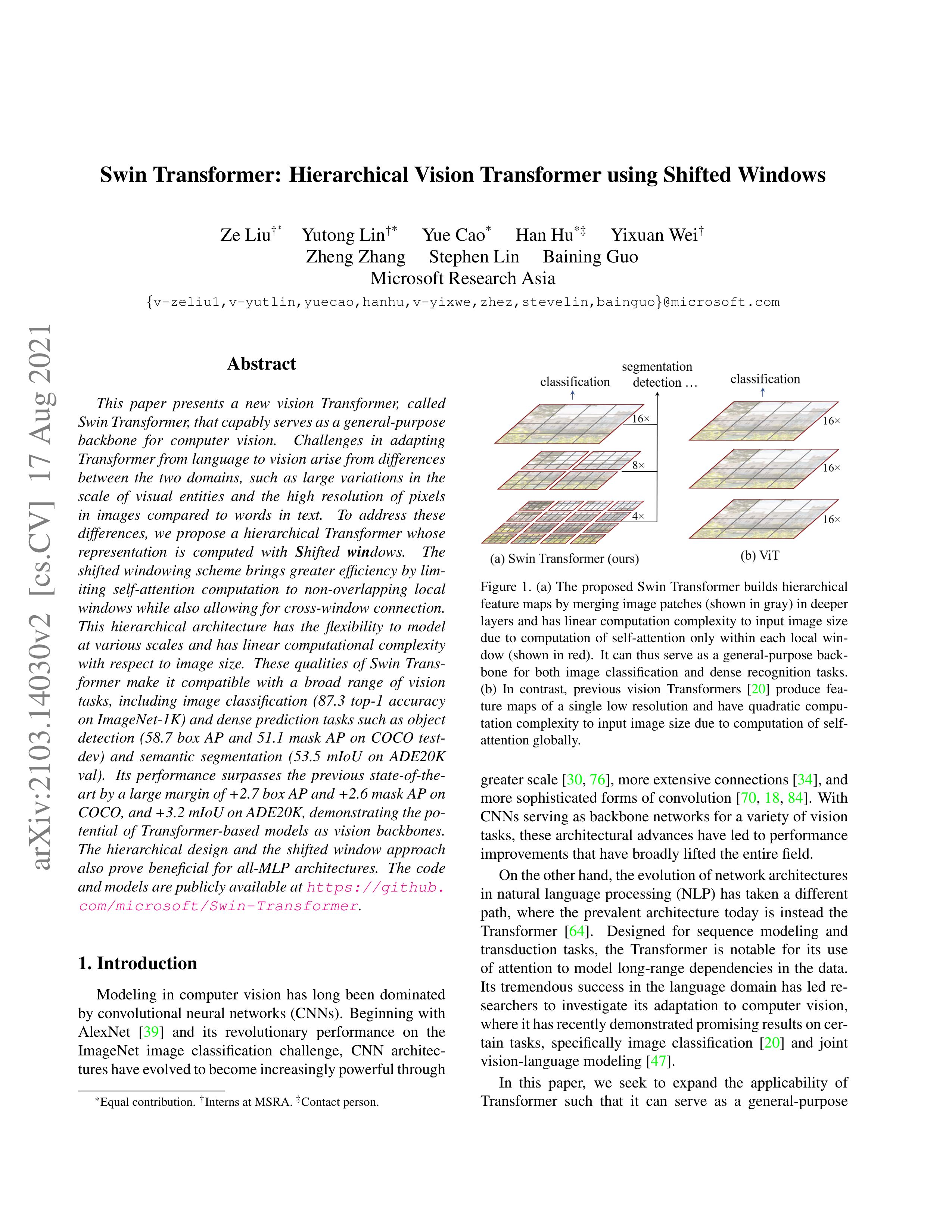 Swin Transformer Research Paper by Microsoft — page 1