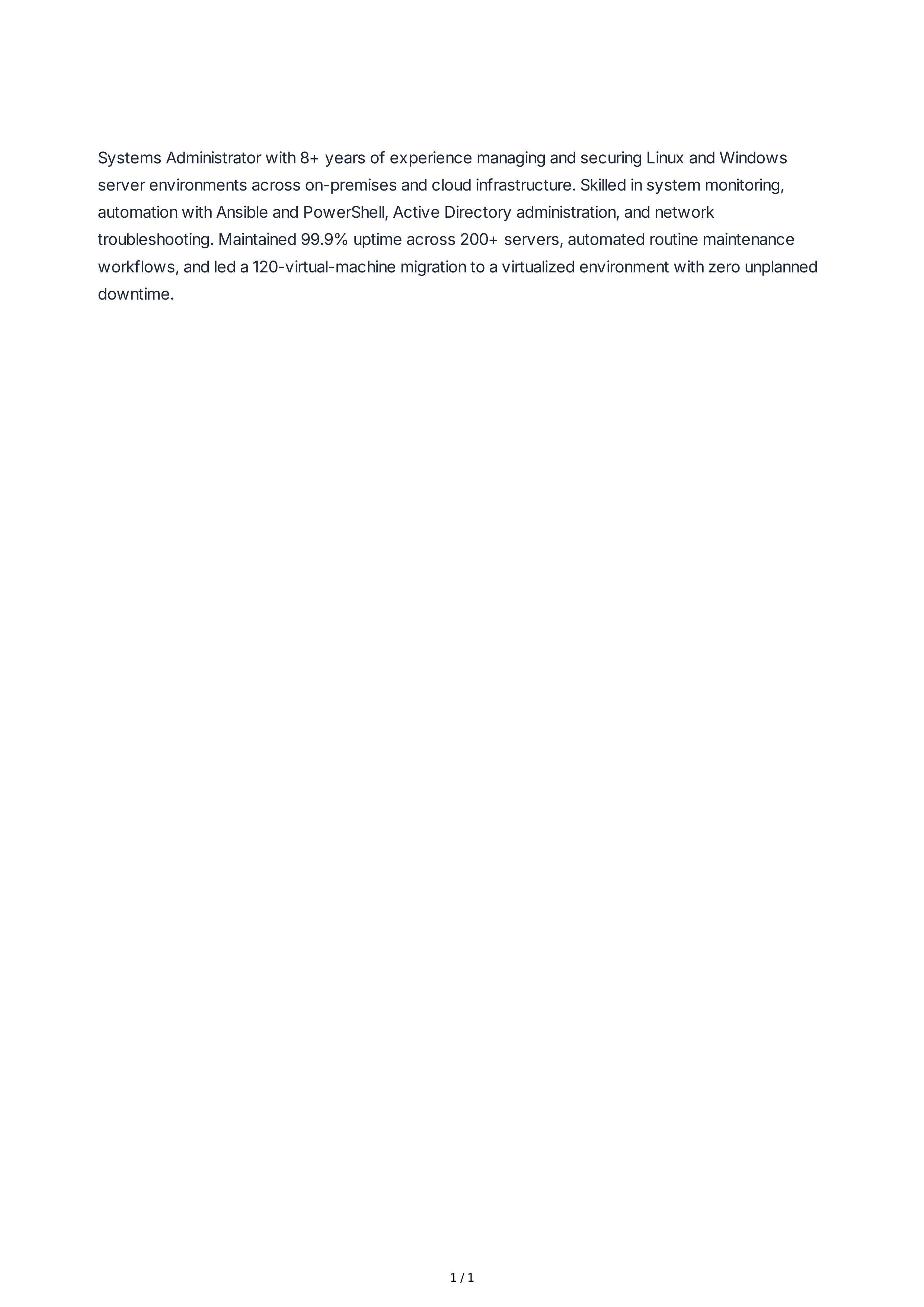 Systems Administrator Resume Summary — page 1