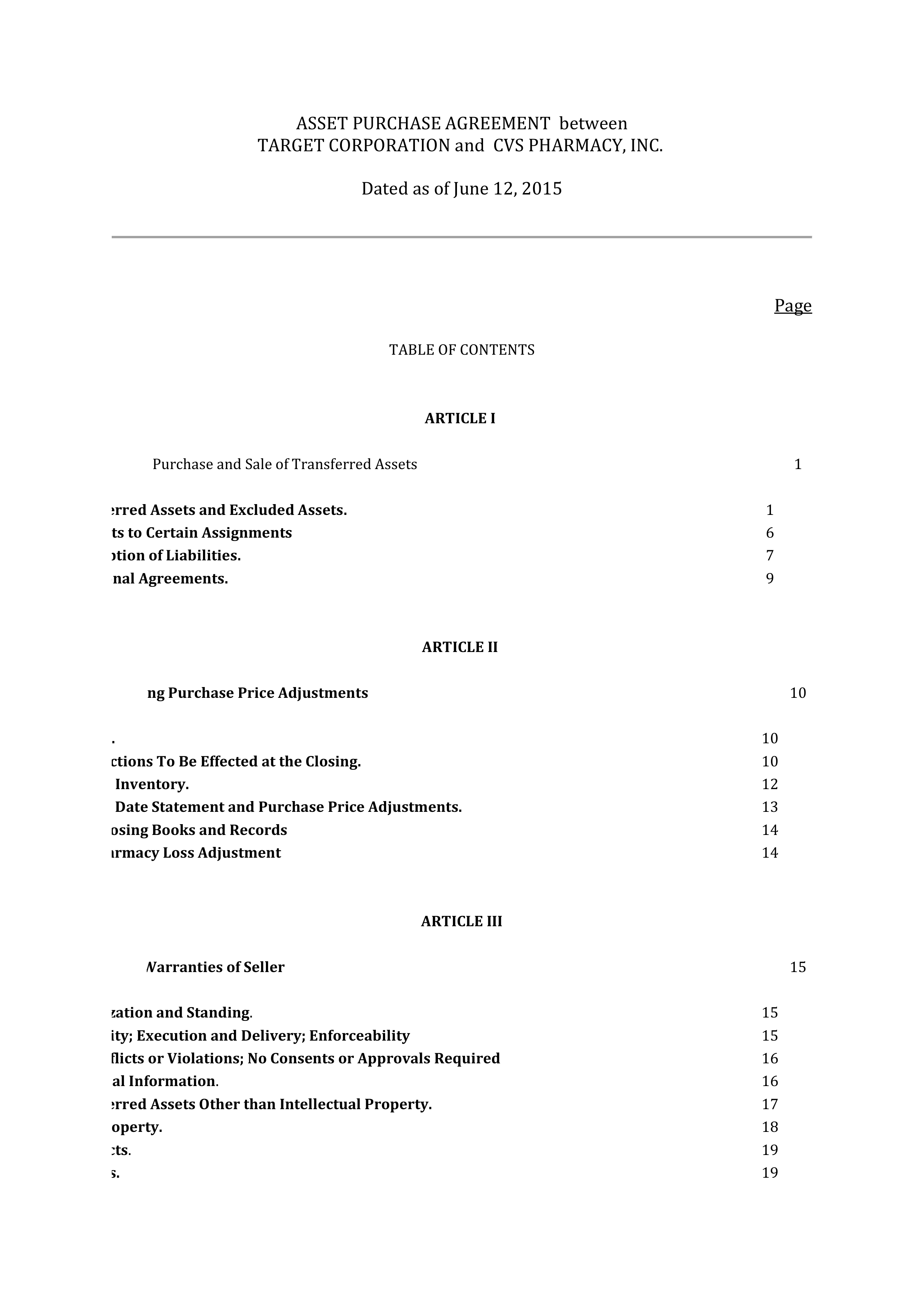 TARGET CORPORATION ASSET PURCHASE AGREEMENT — page 1
