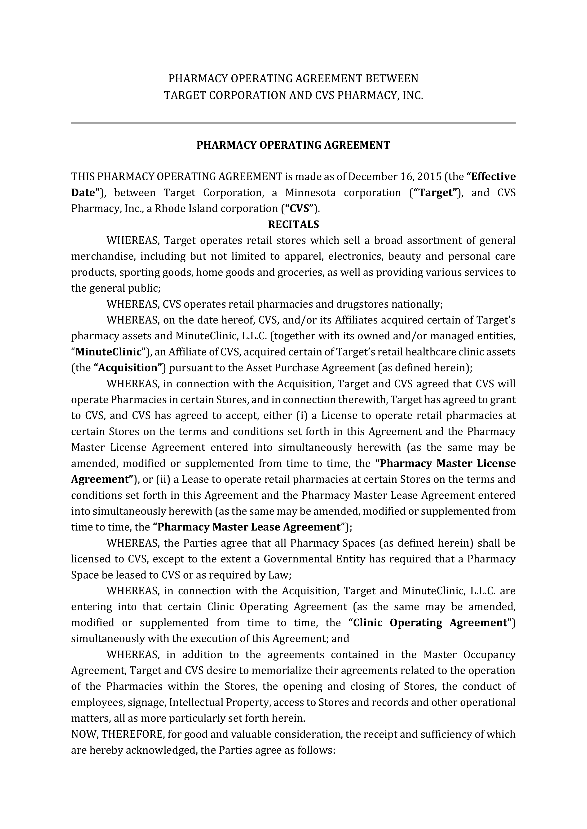TARGET CORPORATION PHARMACY OPERATING AGREEMENT — page 1