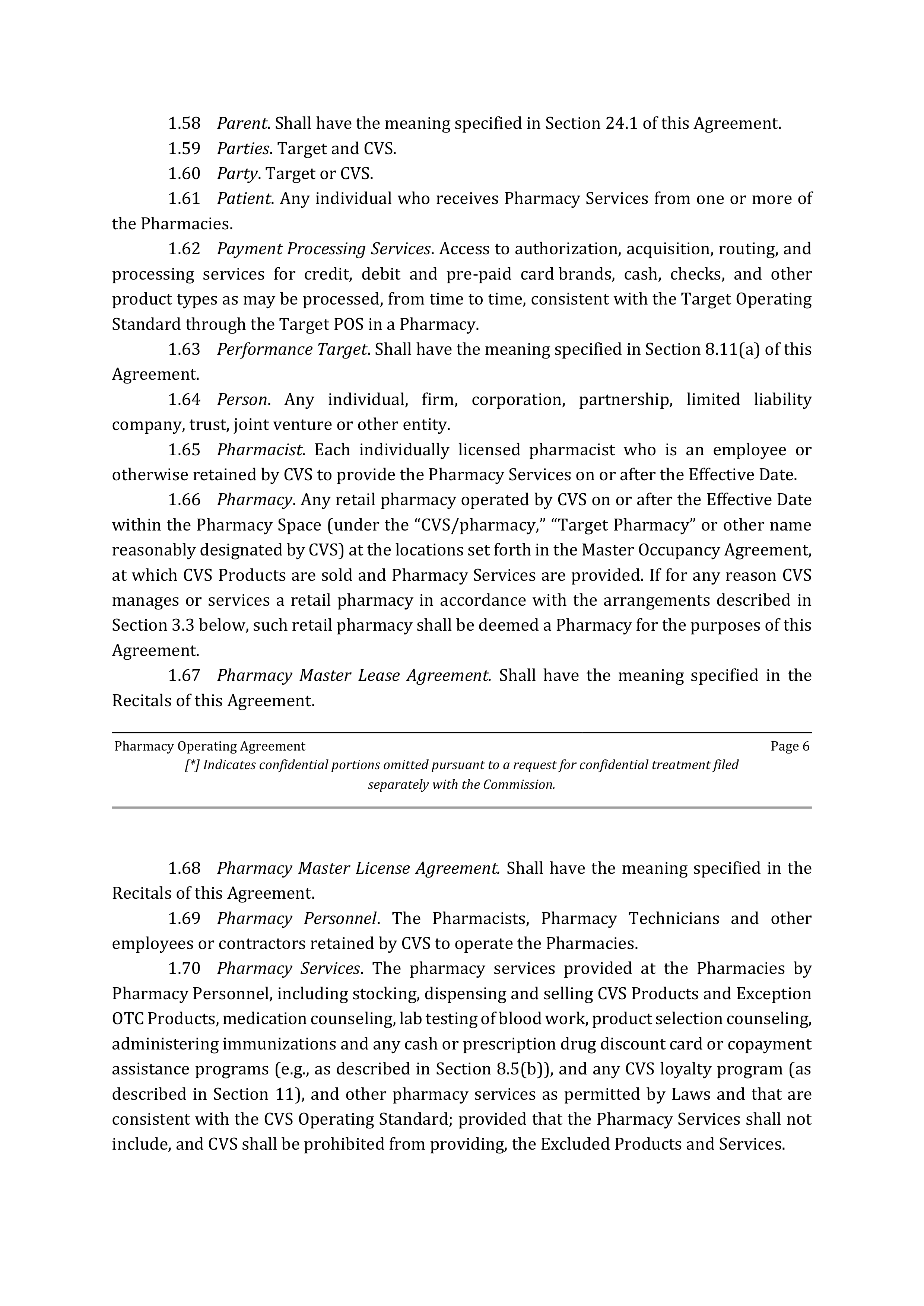 TARGET CORPORATION PHARMACY OPERATING AGREEMENT — page 6