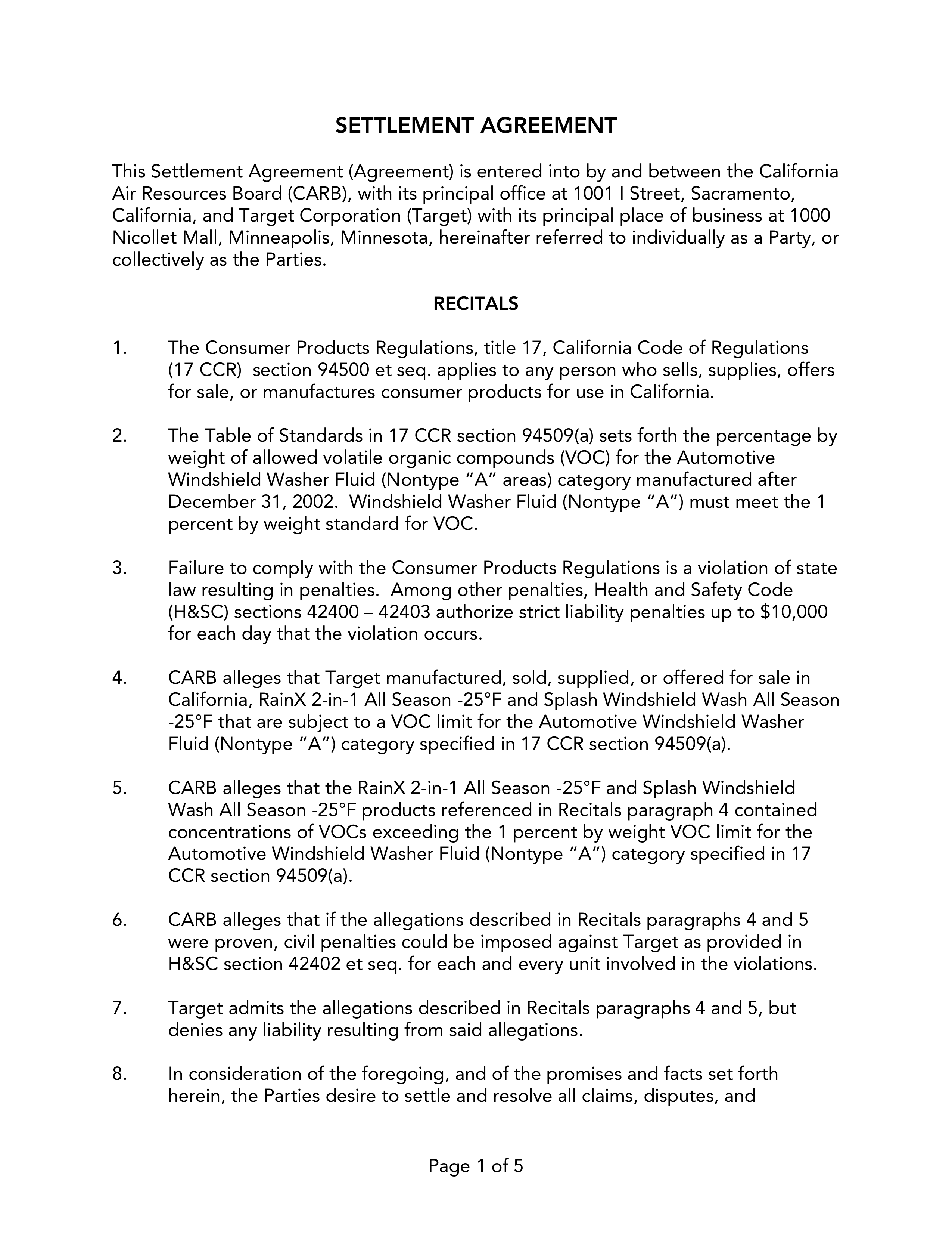 TARGET CORPORATION SETTLEMENT AGREEMENT — page 1
