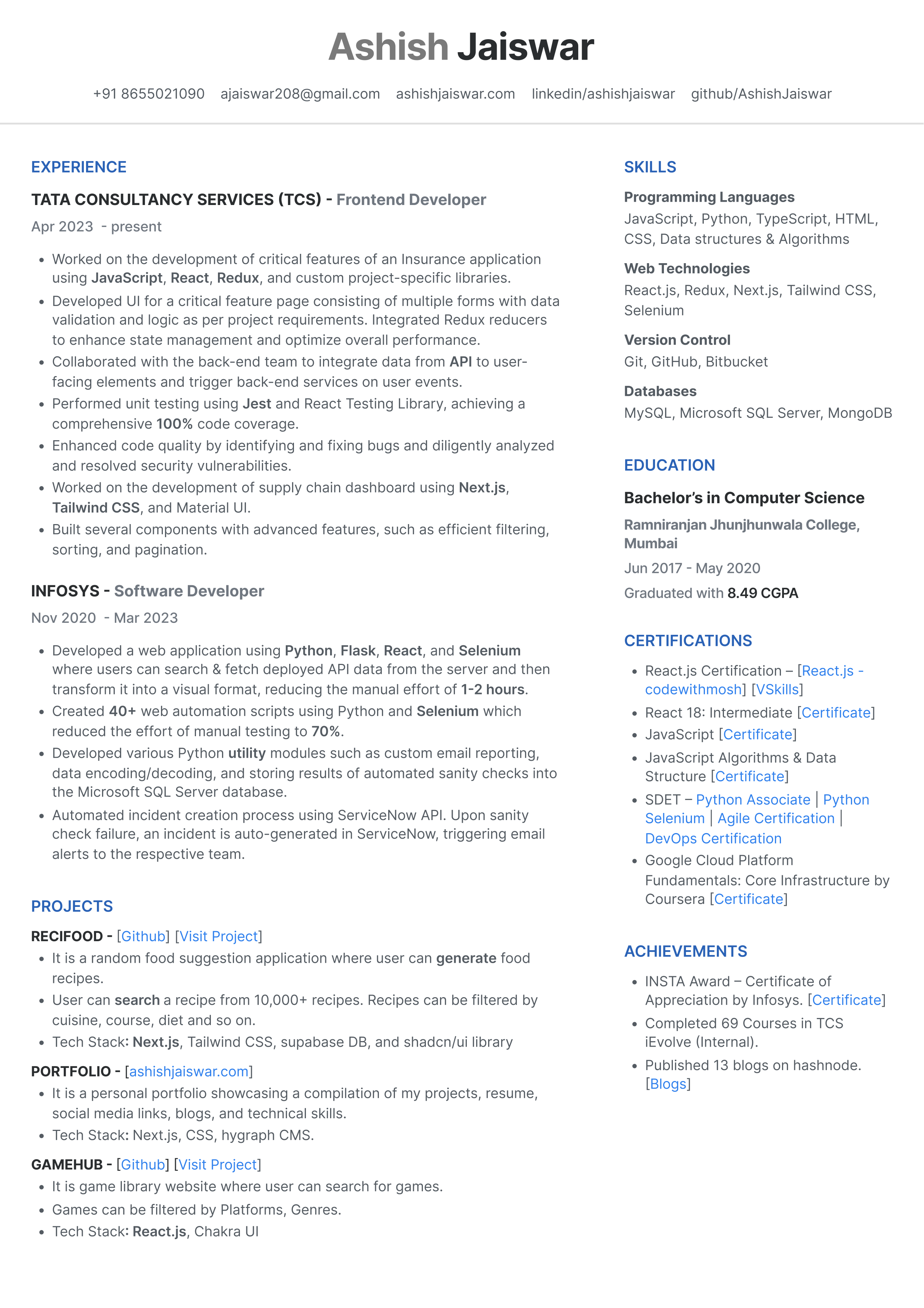 TATA Front-End Developer Resume — page 1