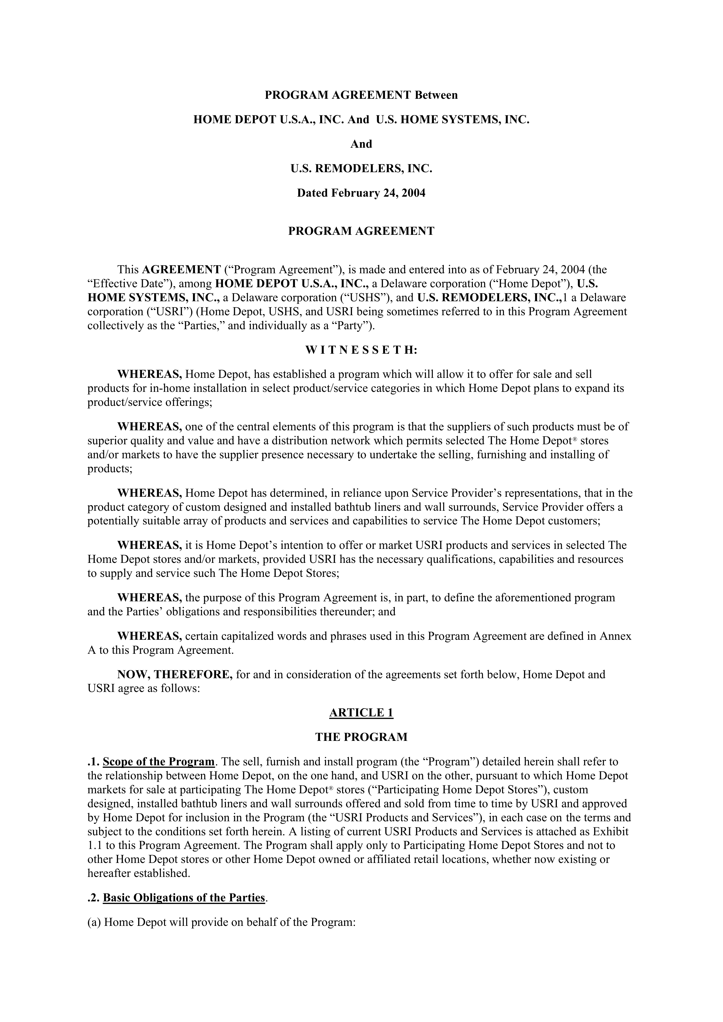 THE HOME DEPOT PROGRAM AGREEMENT — page 1