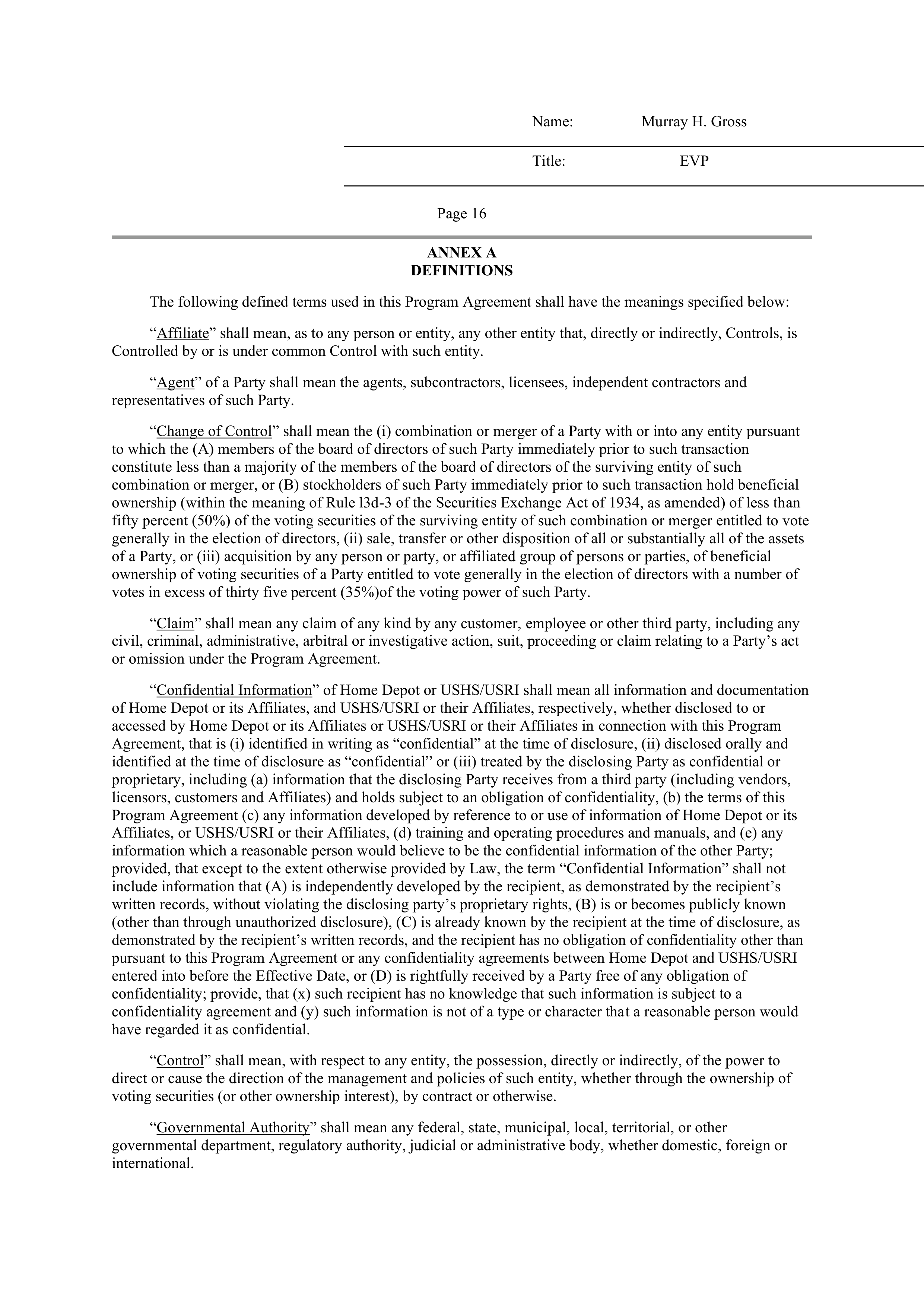 THE HOME DEPOT PROGRAM AGREEMENT — page 15