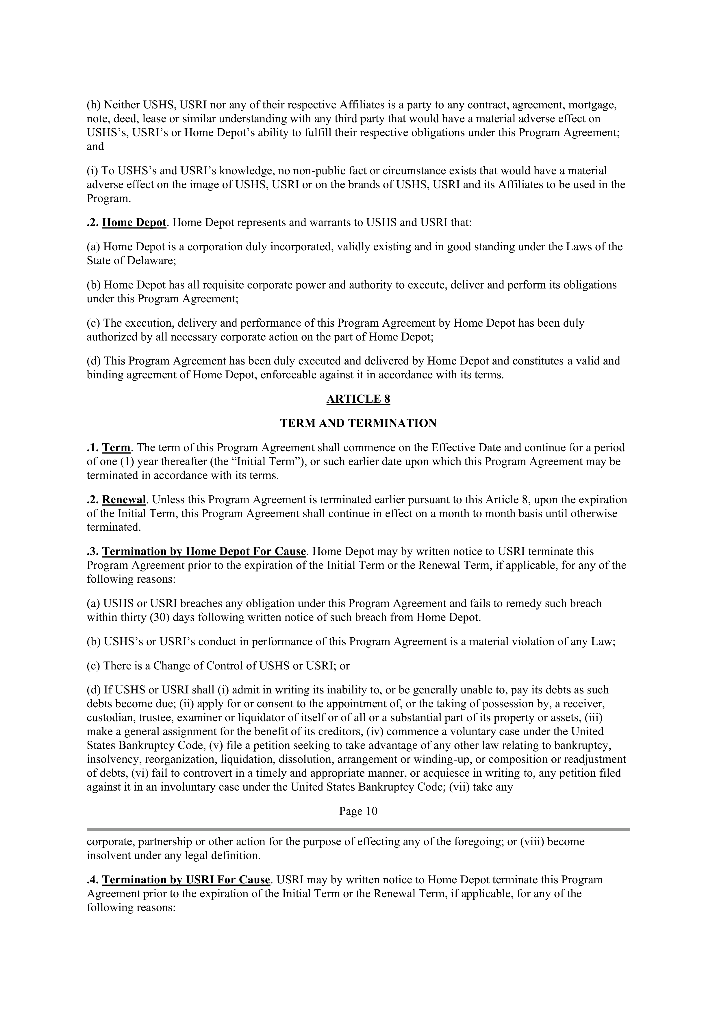 THE HOME DEPOT PROGRAM AGREEMENT — page 9