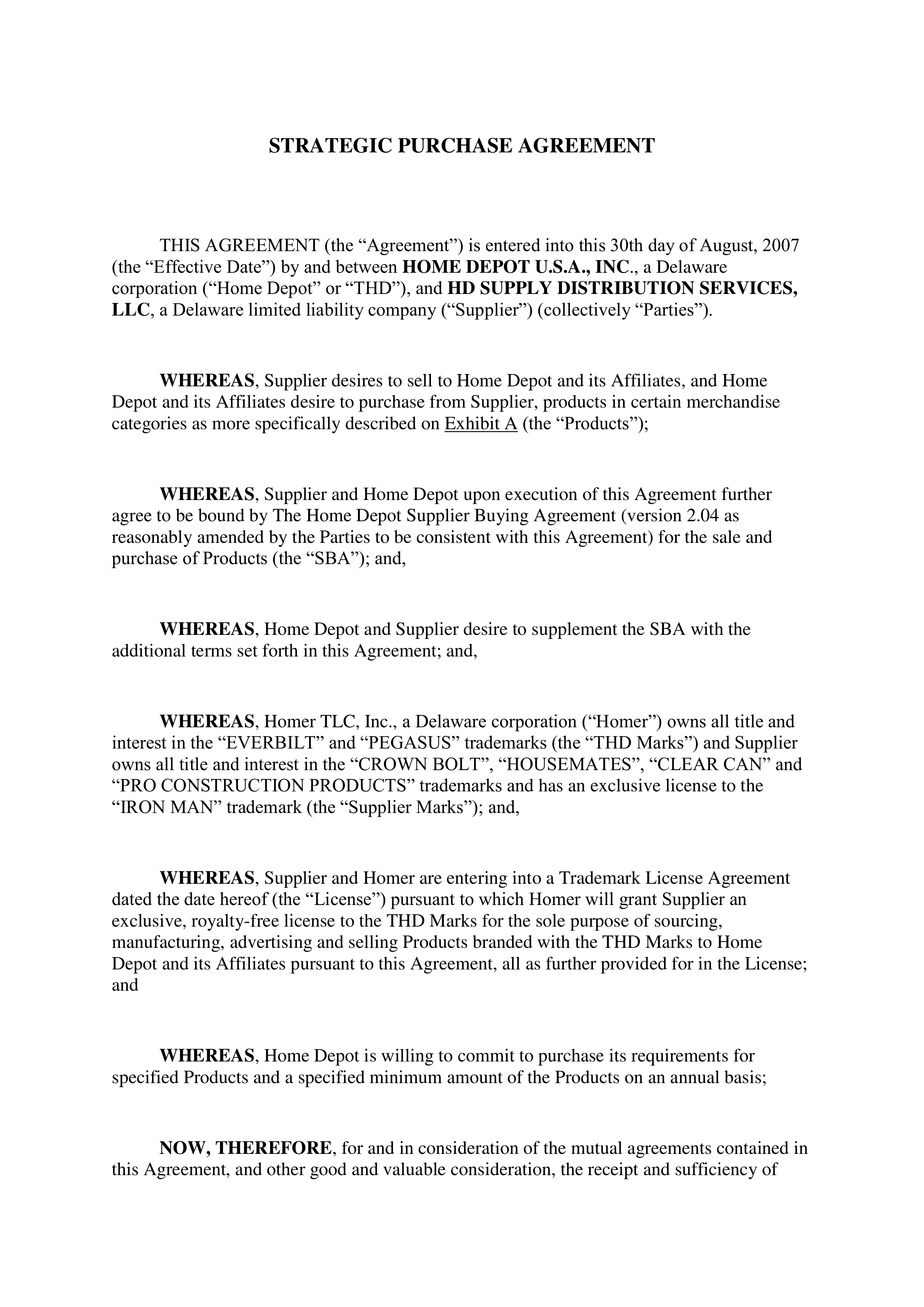THE HOME DEPOT STRATEGIC PURCHASE AGREEMENT — page 1