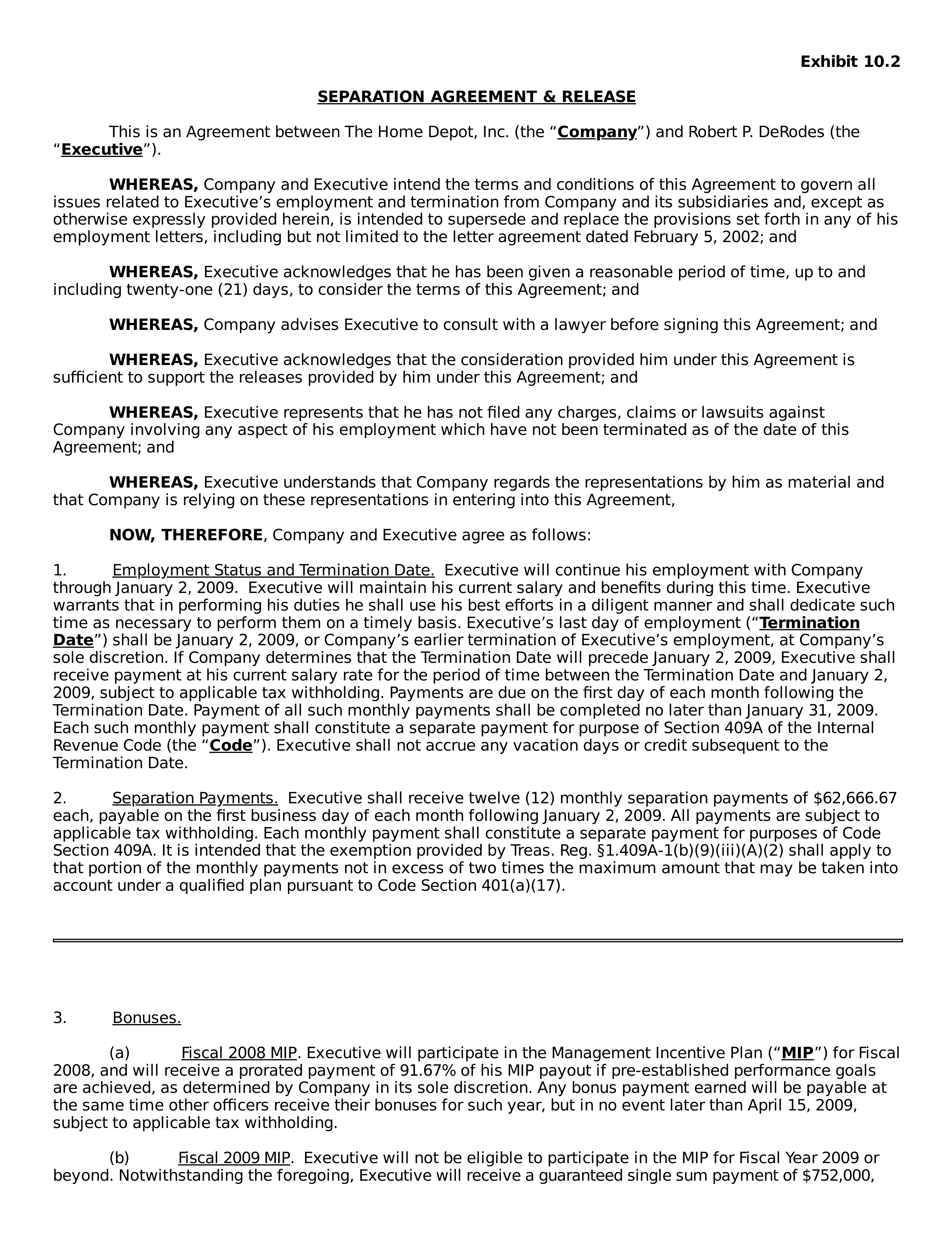 THE HOME DEPOT SEPARATION AGREEMENT — page 1