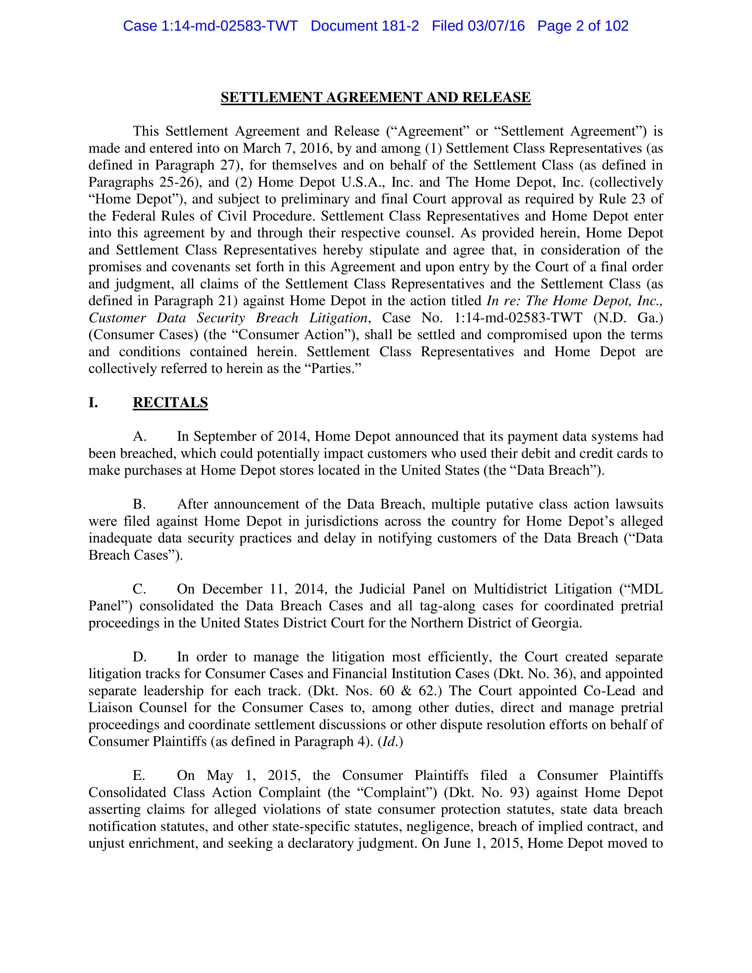 THE HOME DEPOT SETTLEMENT AGREEMENT — page 1