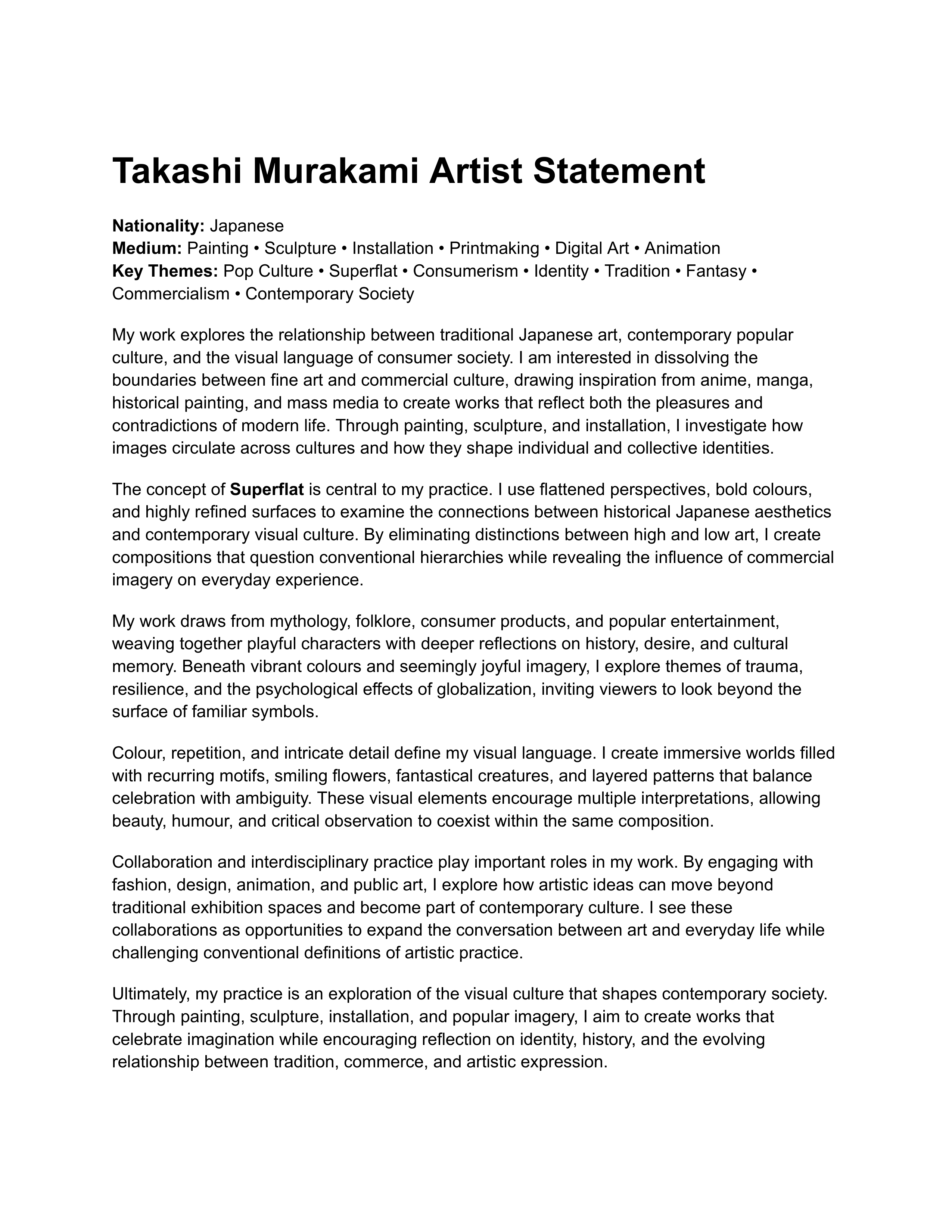 Takashi Murakami Artist Statement — page 1