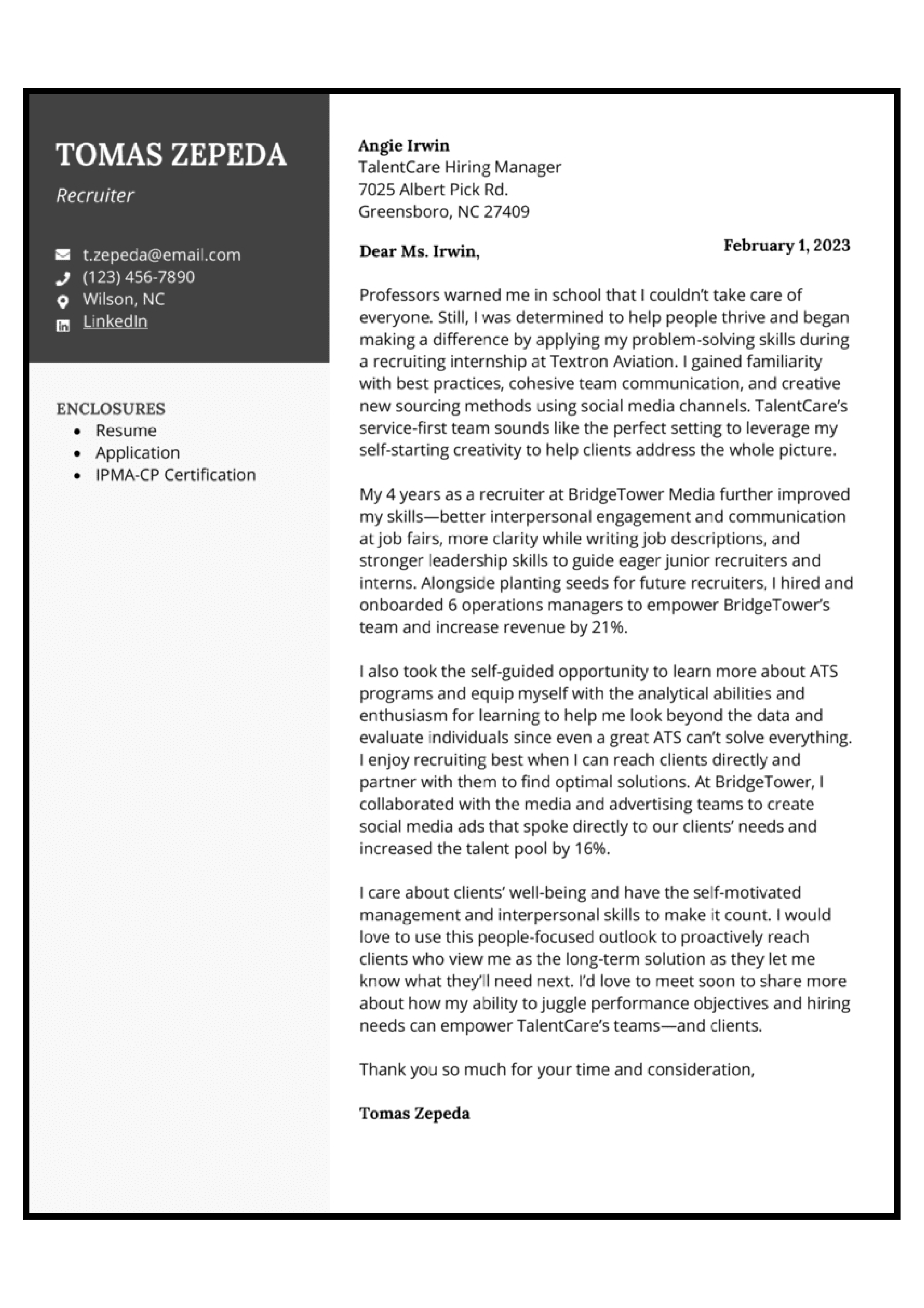 TalentCare Recruiter Cover Letter — page 1